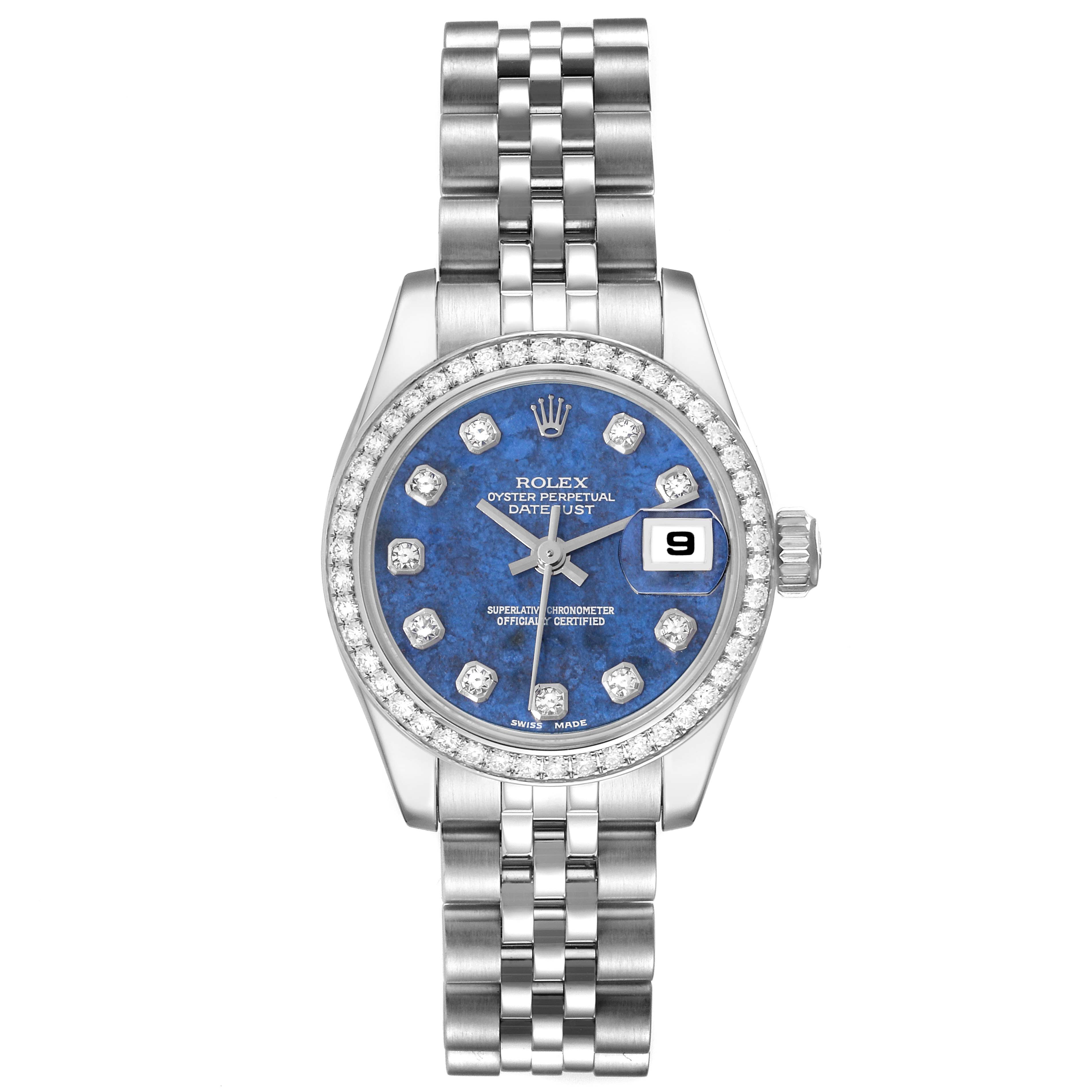 The image shows a front view of the Rolex Datejust 179384 Women's Stainless Steel Blue Dial 179384 Women's Stainless Steel Blue Dial watch, highlighting its blue dial, diamond hour markers, and jubilee bracelet.