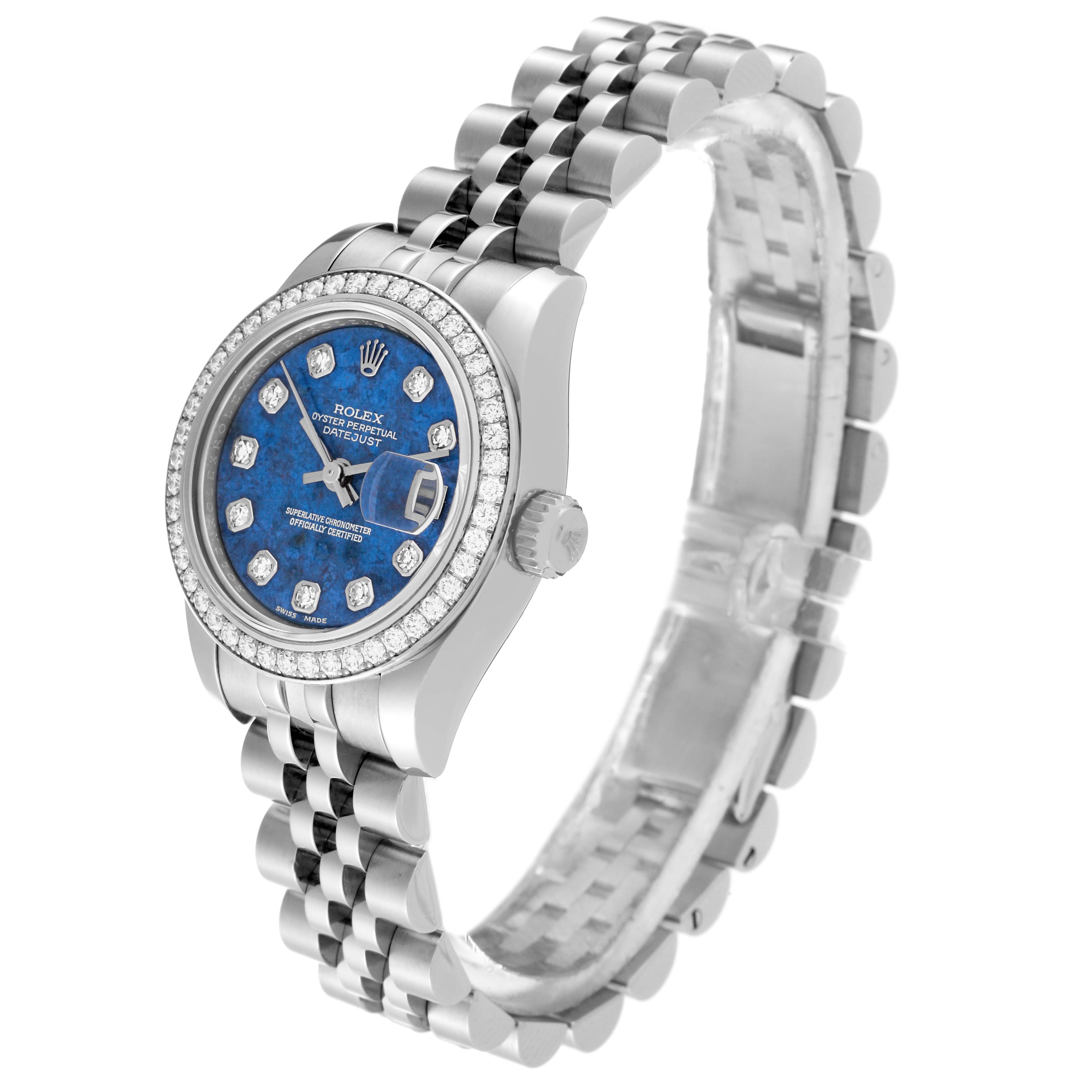 The Rolex Datejust 179384 Women's Stainless Steel Blue Dial 179384 Women's Stainless Steel Blue Dial watch is shown at a three-quarter angle, highlighting the bracelet, bezel, crown, and blue diamond-studded dial.