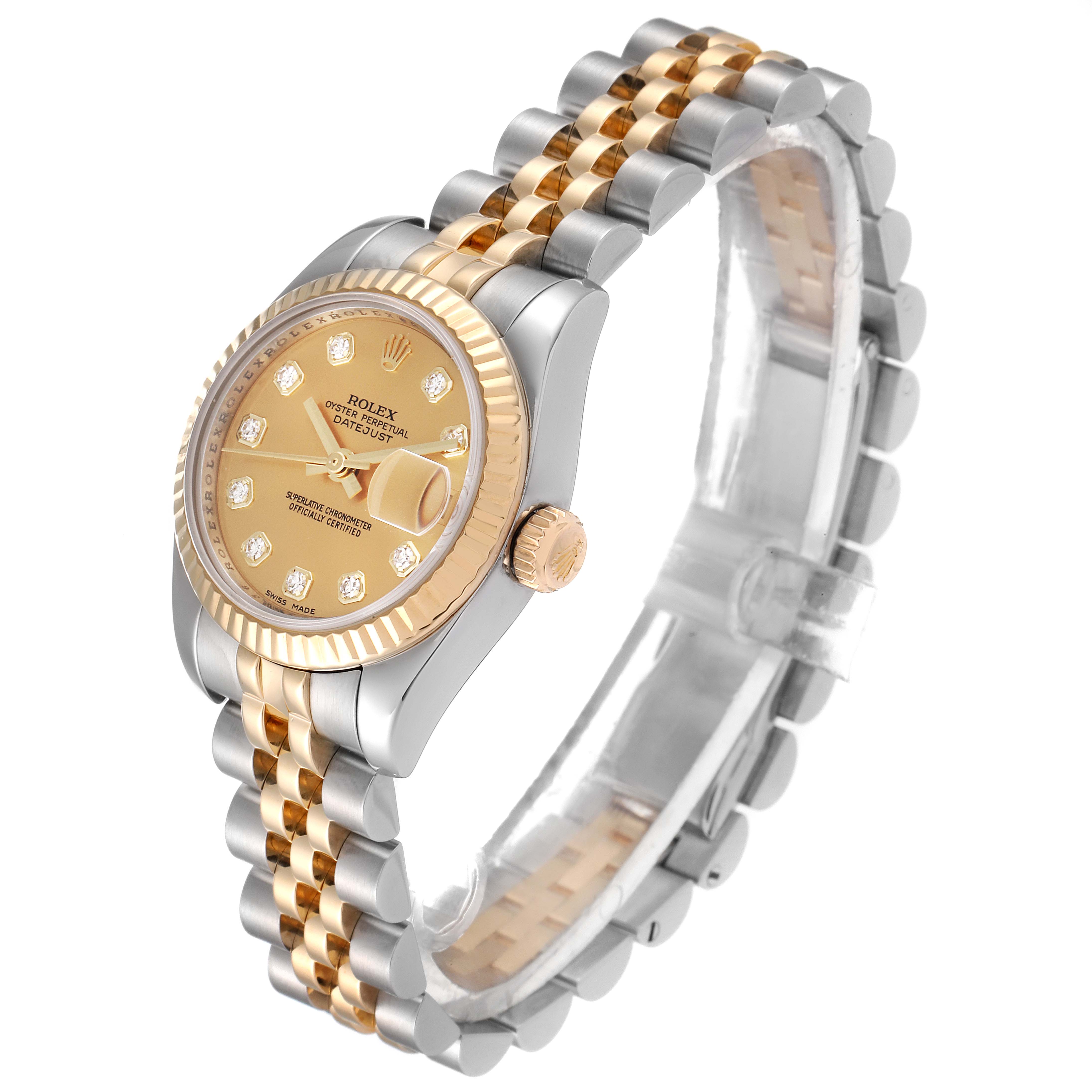This image shows a side and front view of a Rolex Datejust 179173 Women's Steel and Gold (two tone) Champagne Dial 179173 Women's Steel and Gold (two tone) Champagne Dial watch, highlighting its gold and silver bracelet and dial.