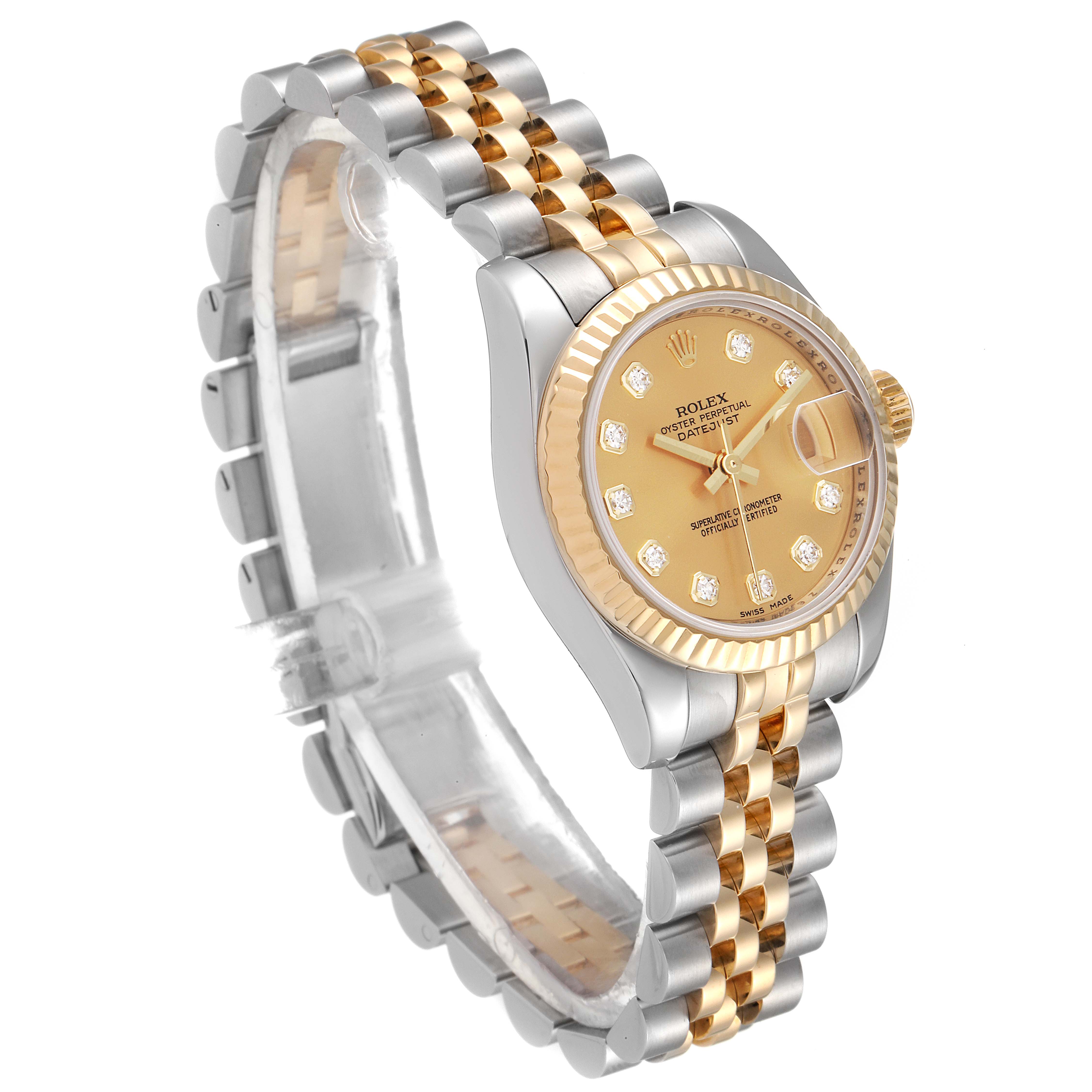 The Rolex Datejust 179173 Women's Steel and Gold (two tone) Champagne Dial 179173 Women's Steel and Gold (two tone) Champagne Dial model is shown at a three-quarter angle, highlighting its gold dial, fluted bezel, and two-tone Jubilee bracelet.