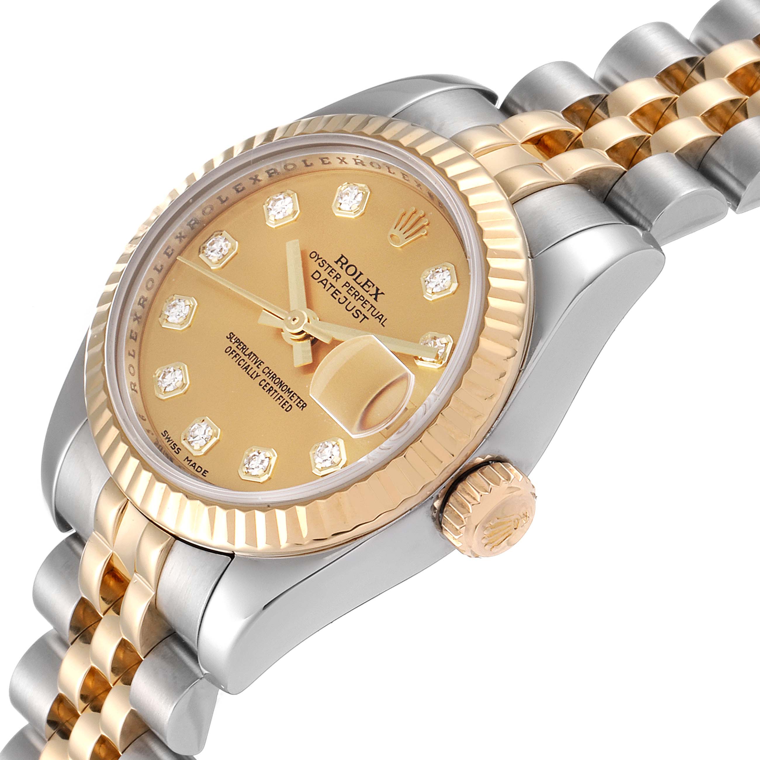 The image shows a Rolex Datejust 179173 Women's Steel and Gold (two tone) Champagne Dial 179173 Women's Steel and Gold (two tone) Champagne Dial watch at an oblique angle, highlighting the dial, bezel, and part of the bracelet.