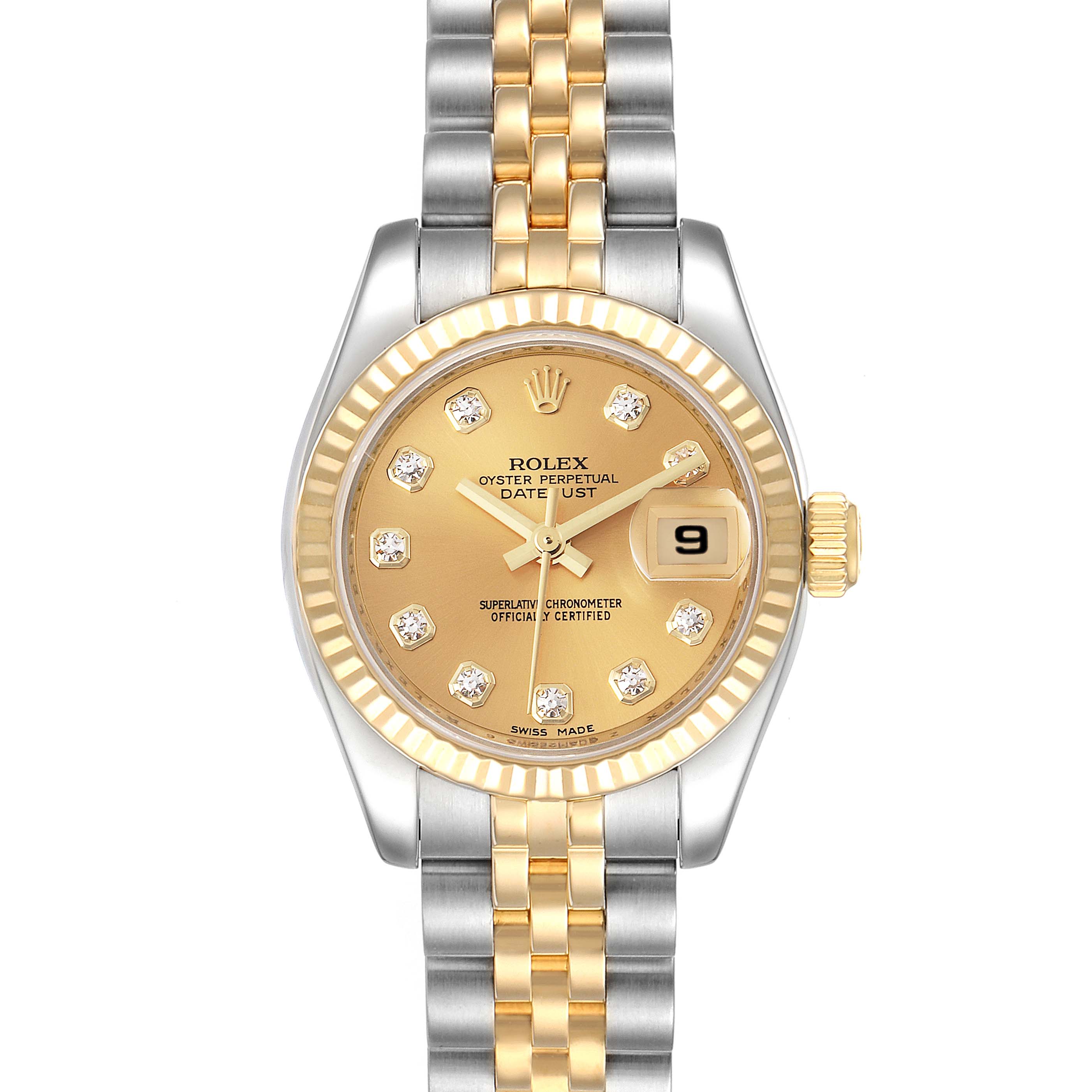 The image shows the front view of a Rolex Datejust 179173 Women's Steel and Gold (two tone) Champagne Dial 179173 Women's Steel and Gold (two tone) Champagne Dial watch, displaying the dial, bezel, crown, and bracelet.