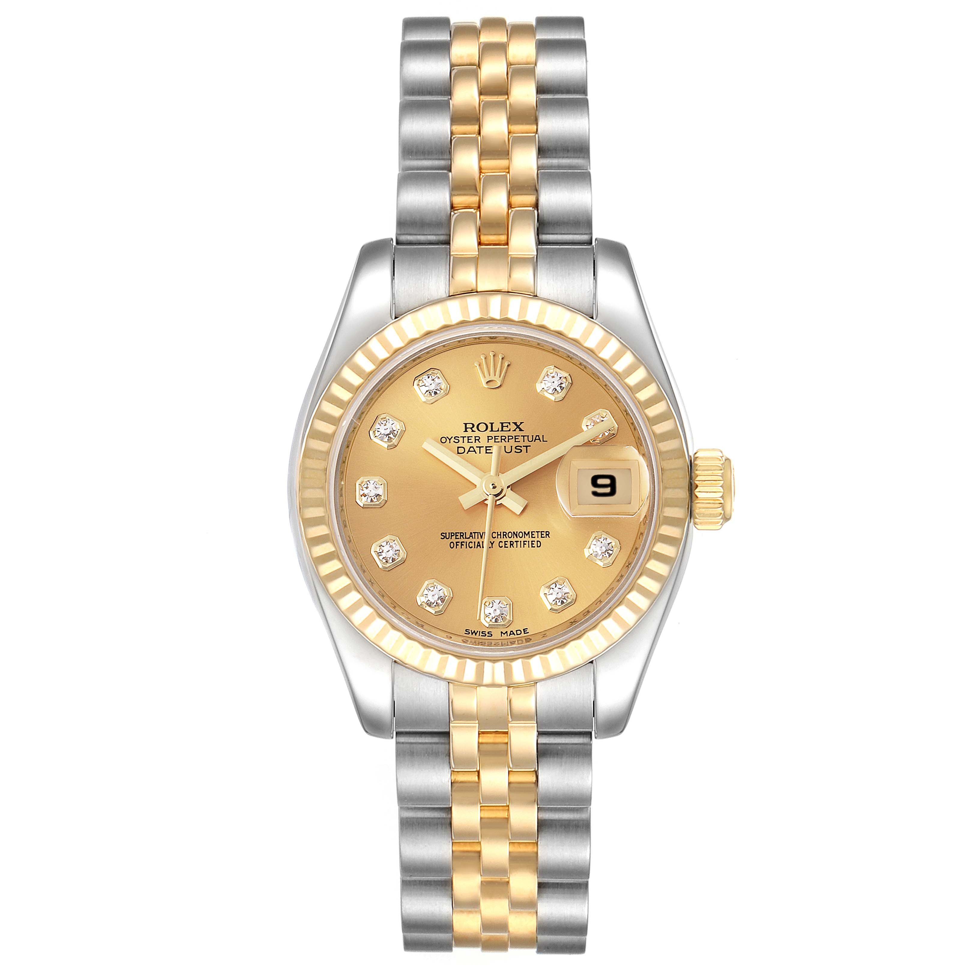 The image displays a front view of a Rolex Datejust 179173 Women's Steel and Gold (two tone) Champagne Dial 179173 Women's Steel and Gold (two tone) Champagne Dial watch, showcasing its dial, bezel, bracelet, and date window.
