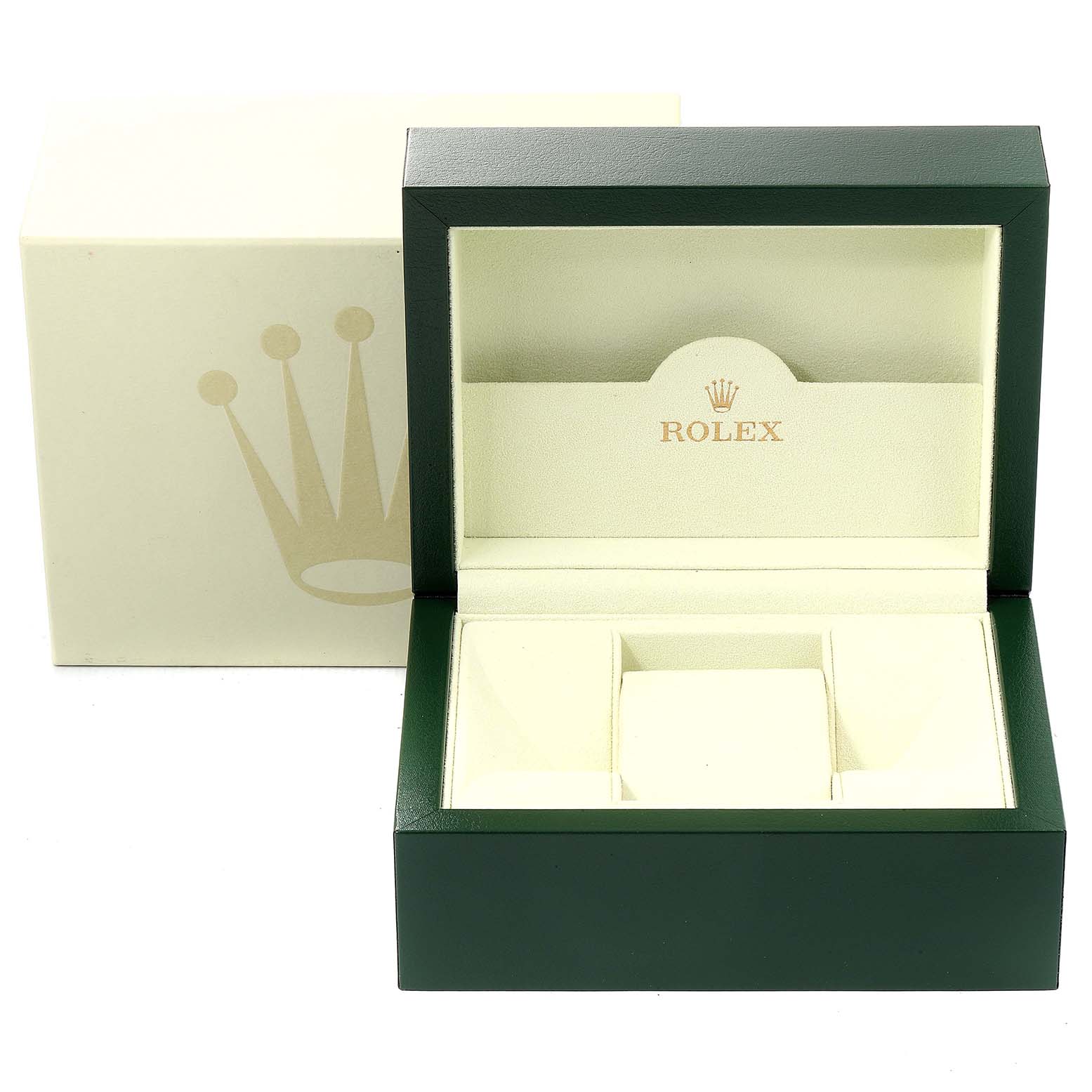 This image shows the open box of a Rolex Datejust 179173 Women's Steel and Gold (two tone) Champagne Dial 179173 Women's Steel and Gold (two tone) Champagne Dial watch, revealing the inner compartment, along with the outer packaging.