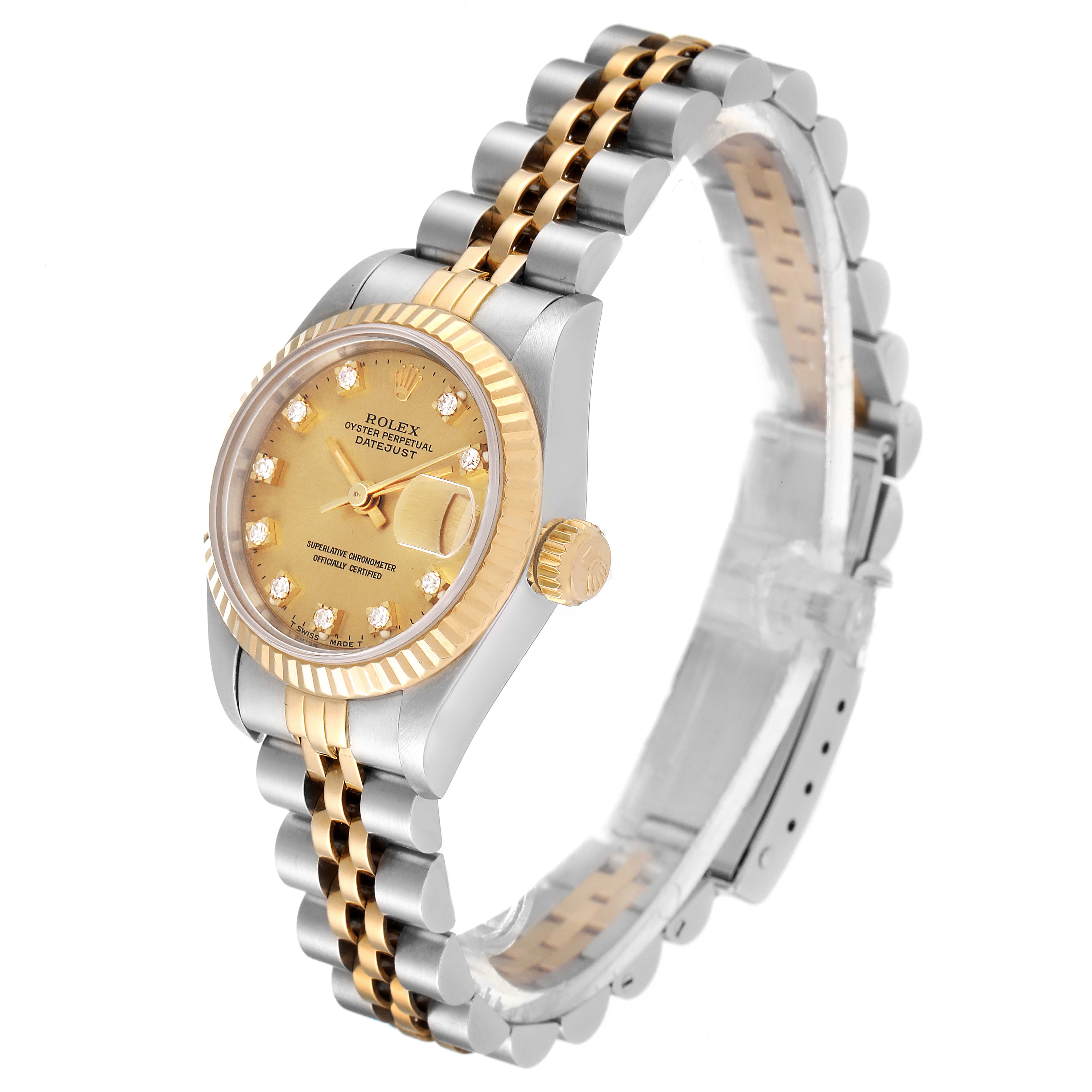 The image shows a side angle of the Rolex Datejust 69173 Women's Steel and Gold (two tone) Champagne Dial 69173 Women's Steel and Gold (two tone) Champagne Dial watch, highlighting the dial, bezel, crown, and two-tone bracelet.