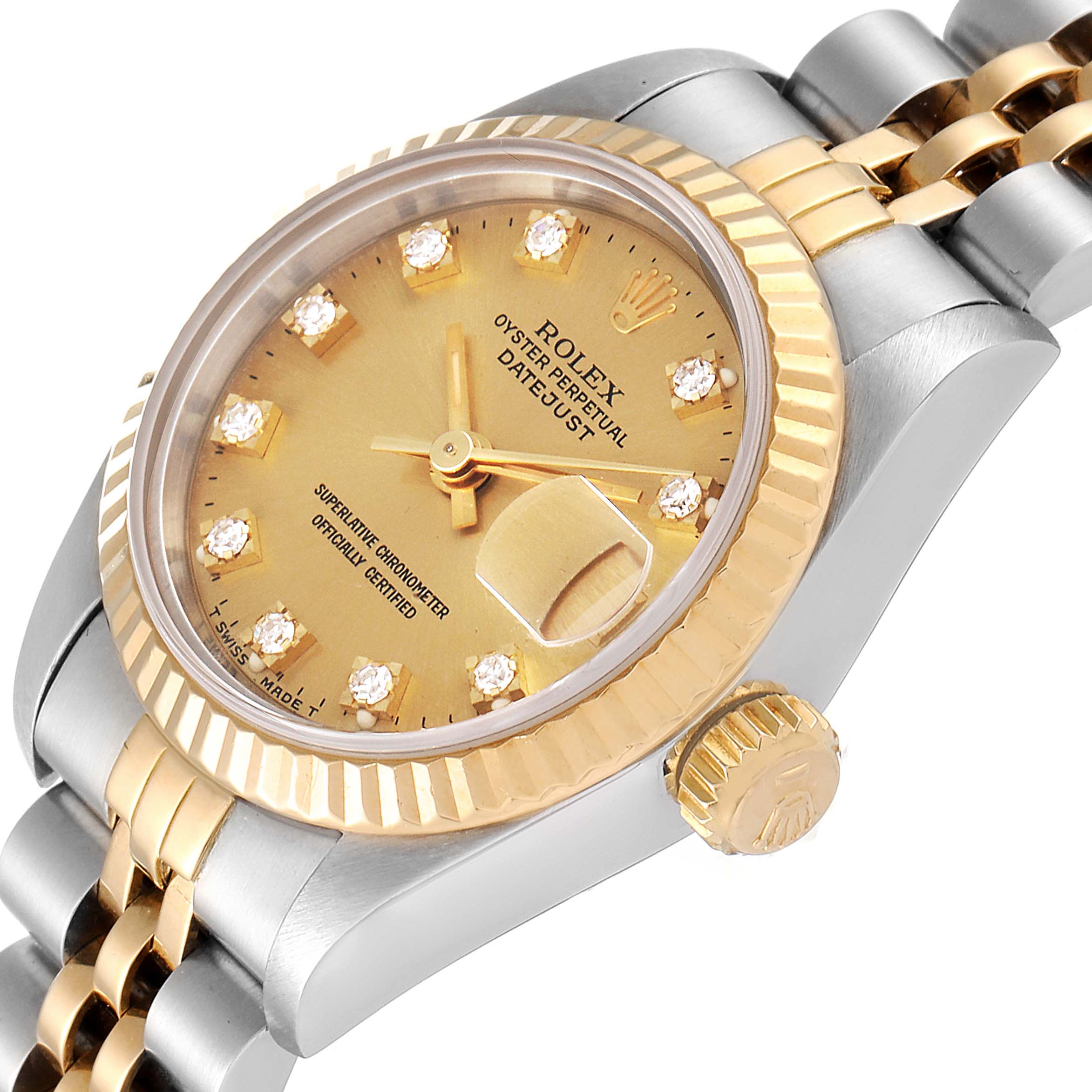 This image shows a close-up angled view of the Rolex Datejust 69173 Women's Steel and Gold (two tone) Champagne Dial 69173 Women's Steel and Gold (two tone) Champagne Dial watch, highlighting the dial, bezel, crown, and part of the bracelet.