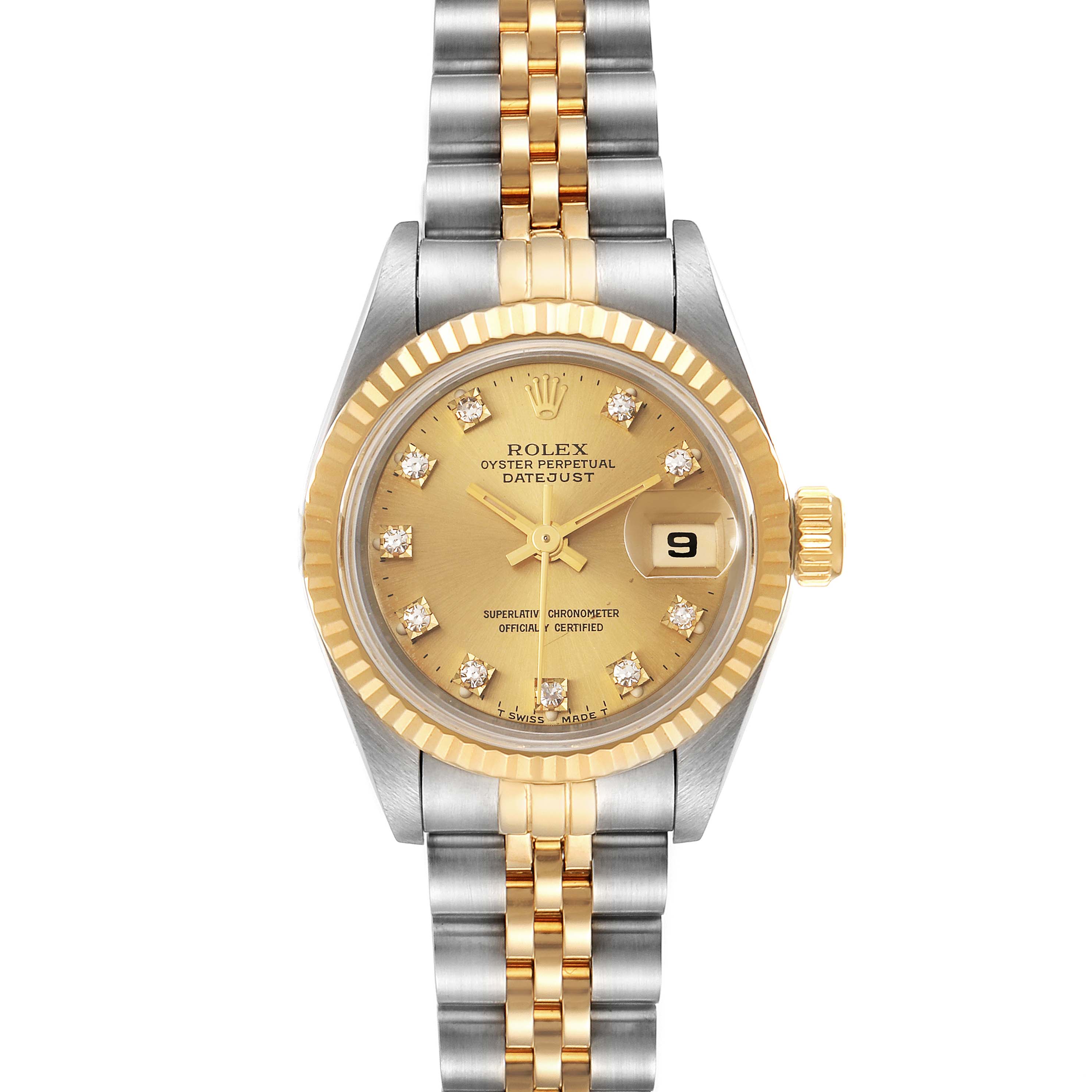 The image shows a front view of a Rolex Datejust 69173 Women's Steel and Gold (two tone) Champagne Dial 69173 Women's Steel and Gold (two tone) Champagne Dial watch, highlighting the dial, bezel, and bracelet.