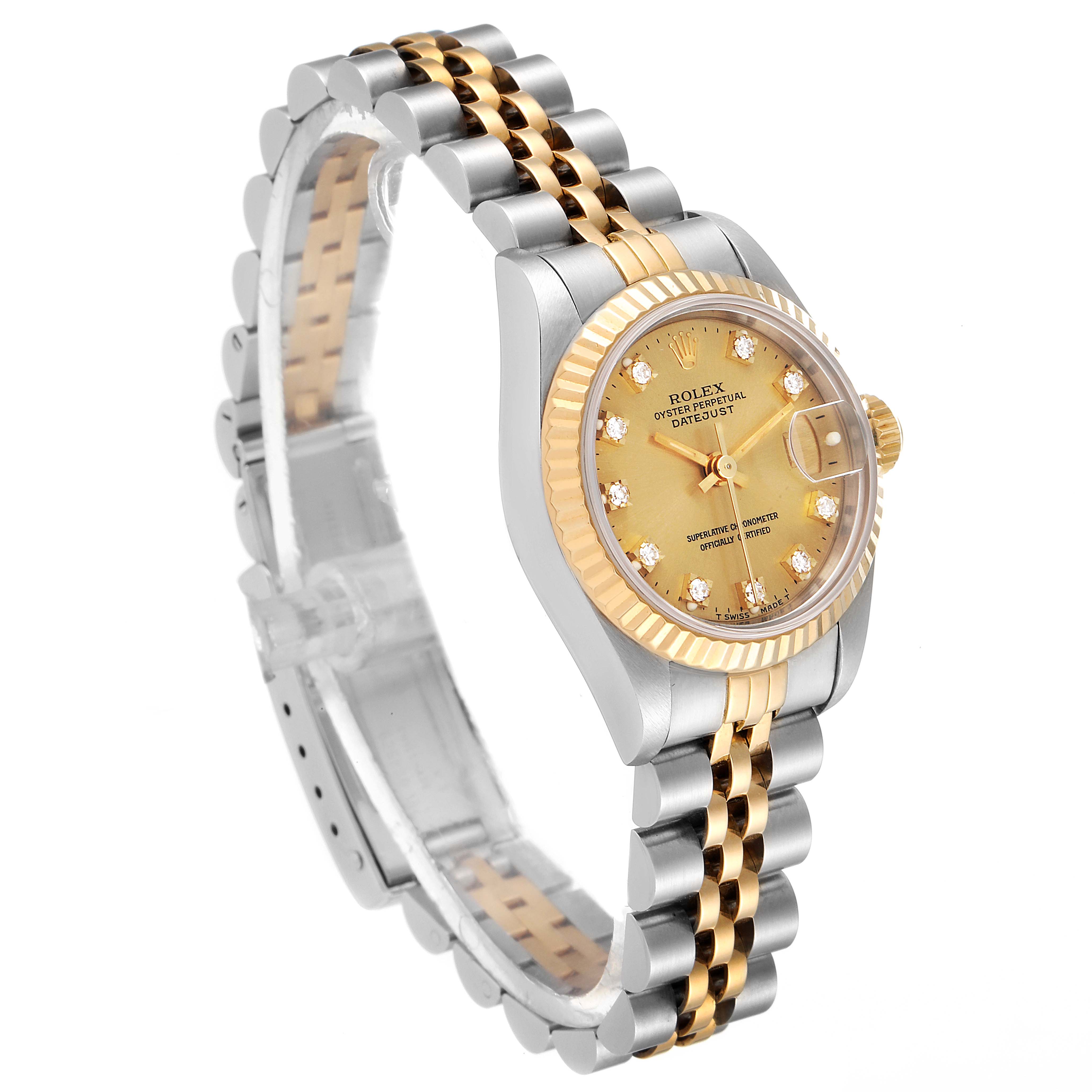The image shows a Rolex Datejust 69173 Women's Steel and Gold (two tone) Champagne Dial 69173 Women's Steel and Gold (two tone) Champagne Dial watch at an angle, highlighting its two-tone bracelet, gold dial, and fluted bezel.