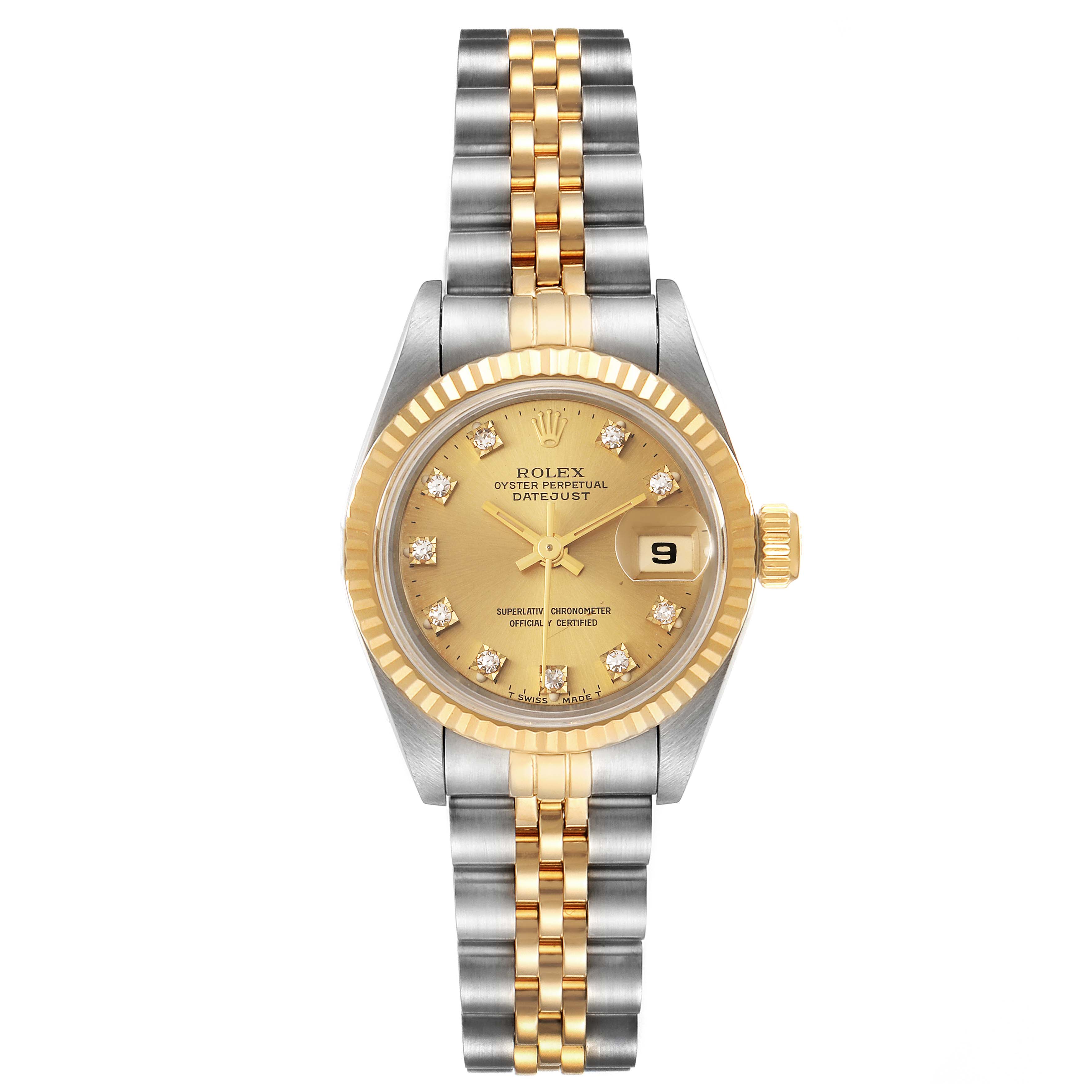 The Rolex Datejust 69173 Women's Steel and Gold (two tone) Champagne Dial 69173 Women's Steel and Gold (two tone) Champagne Dial watch is shown from a front view, featuring a two-tone bracelet, gold bezel, and dial with a date display.