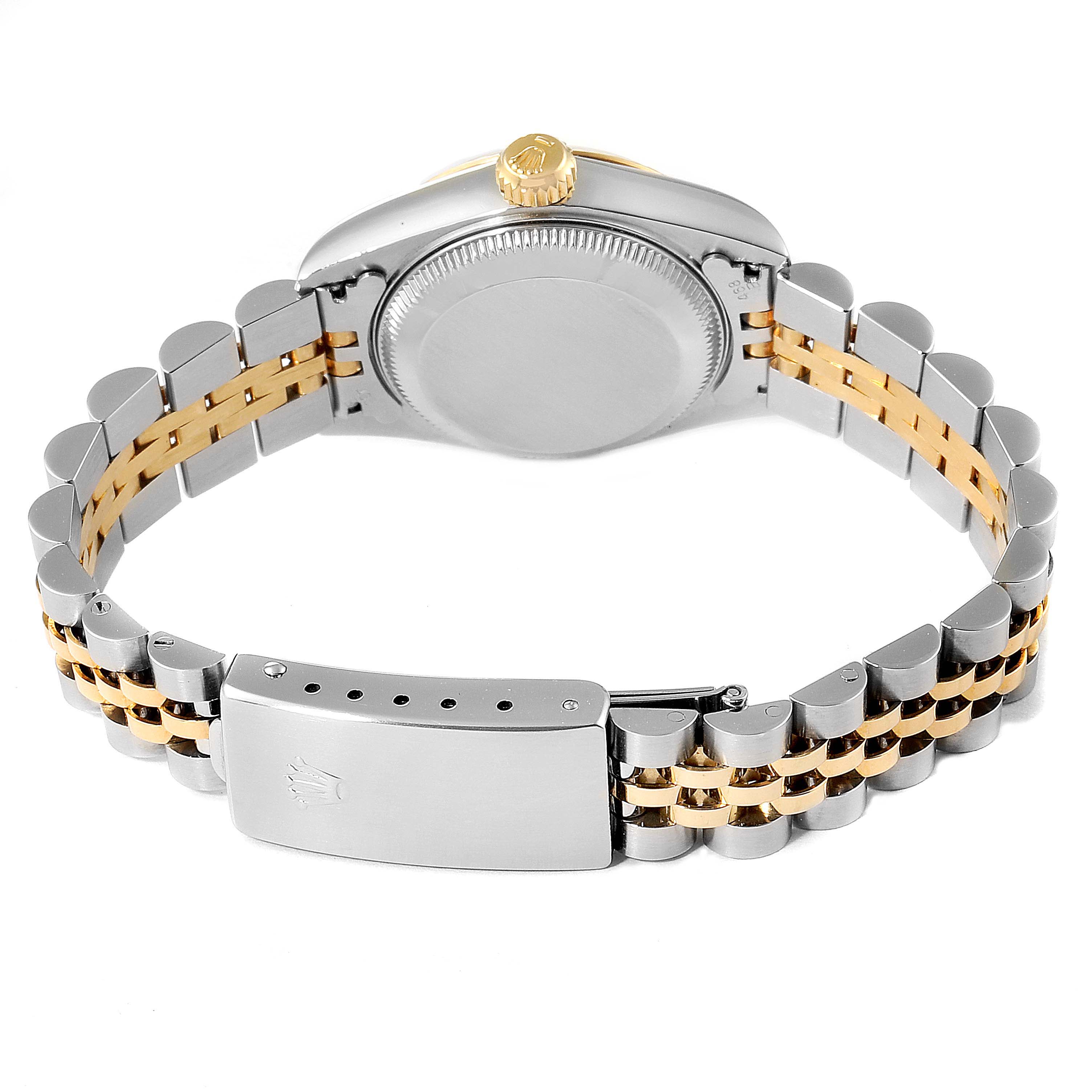 The image shows the back angle of the Rolex Datejust 69173 Women's Steel and Gold (two tone) Champagne Dial 69173 Women's Steel and Gold (two tone) Champagne Dial watch, highlighting its closed case back, crown, and two-tone bracelet.
