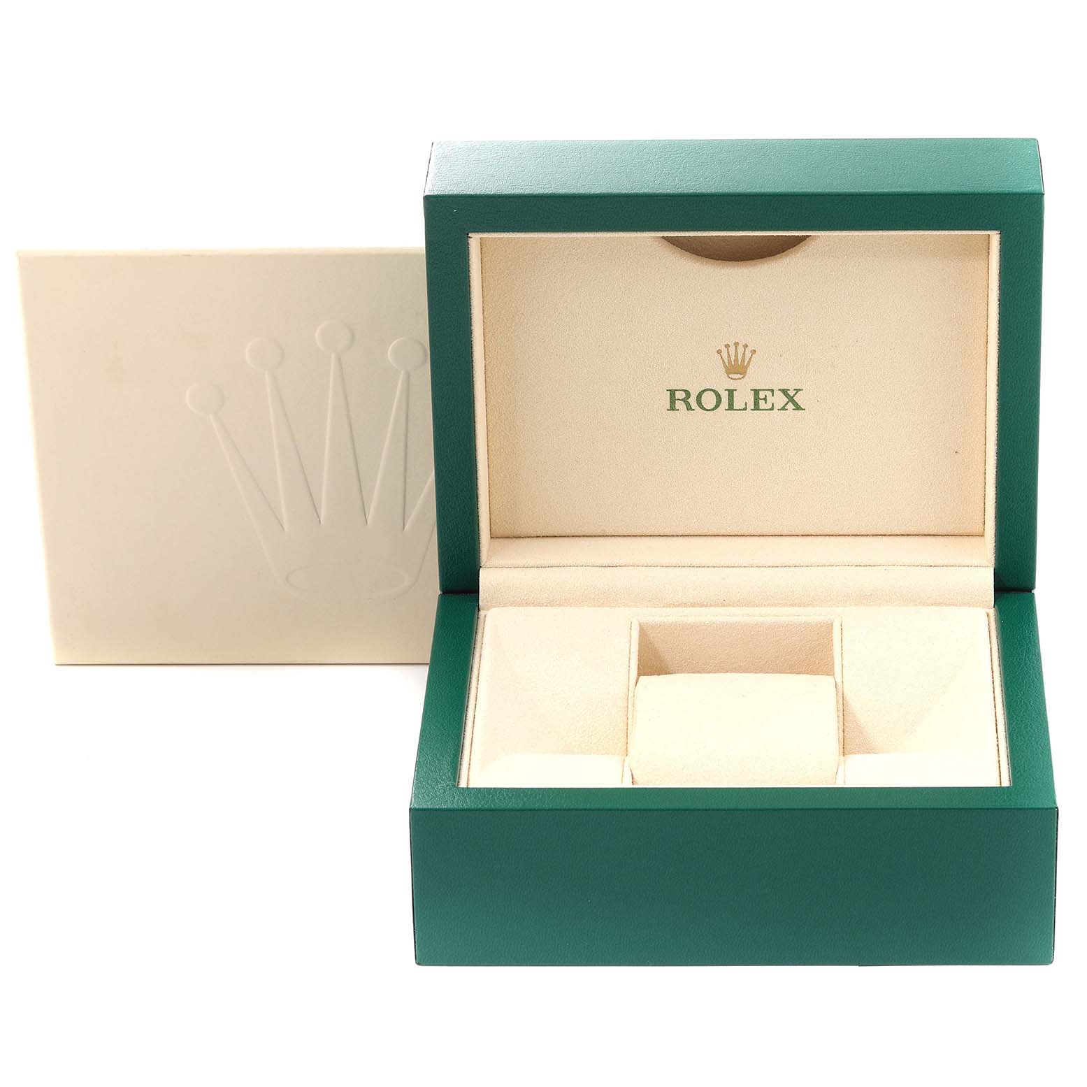 The image shows an open green and beige Rolex Datejust 279383 Women's Steel and Gold (two tone) Green Dial 279383 Women's Steel and Gold (two tone) Green Dial watch box with the Rolex logo inside and a white outer box in the background.