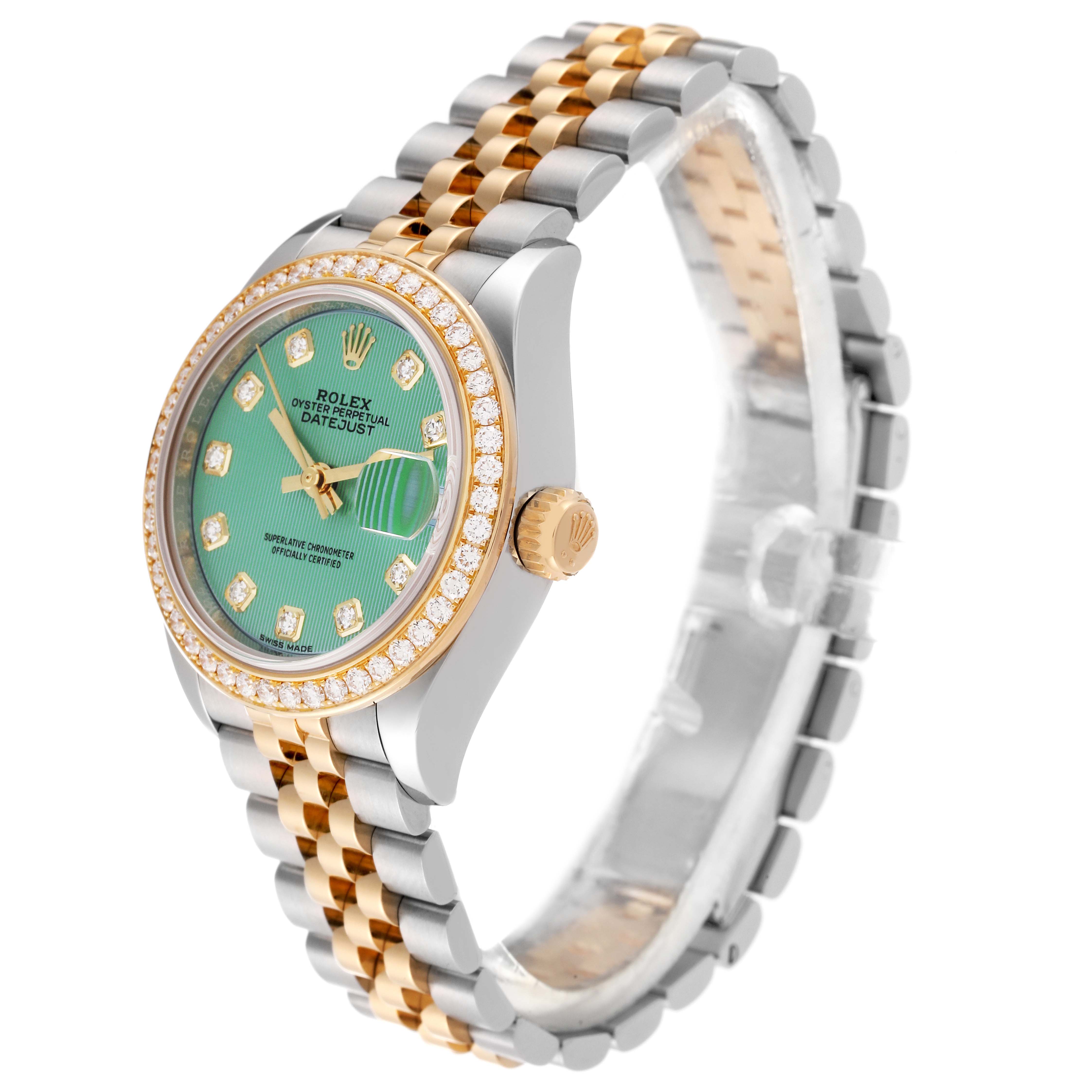 This image shows a Rolex Datejust 279383 Women's Steel and Gold (two tone) Green Dial 279383 Women's Steel and Gold (two tone) Green Dial watch angled from the front-left, highlighting the dial, bezel, crown, and part of the bracelet.