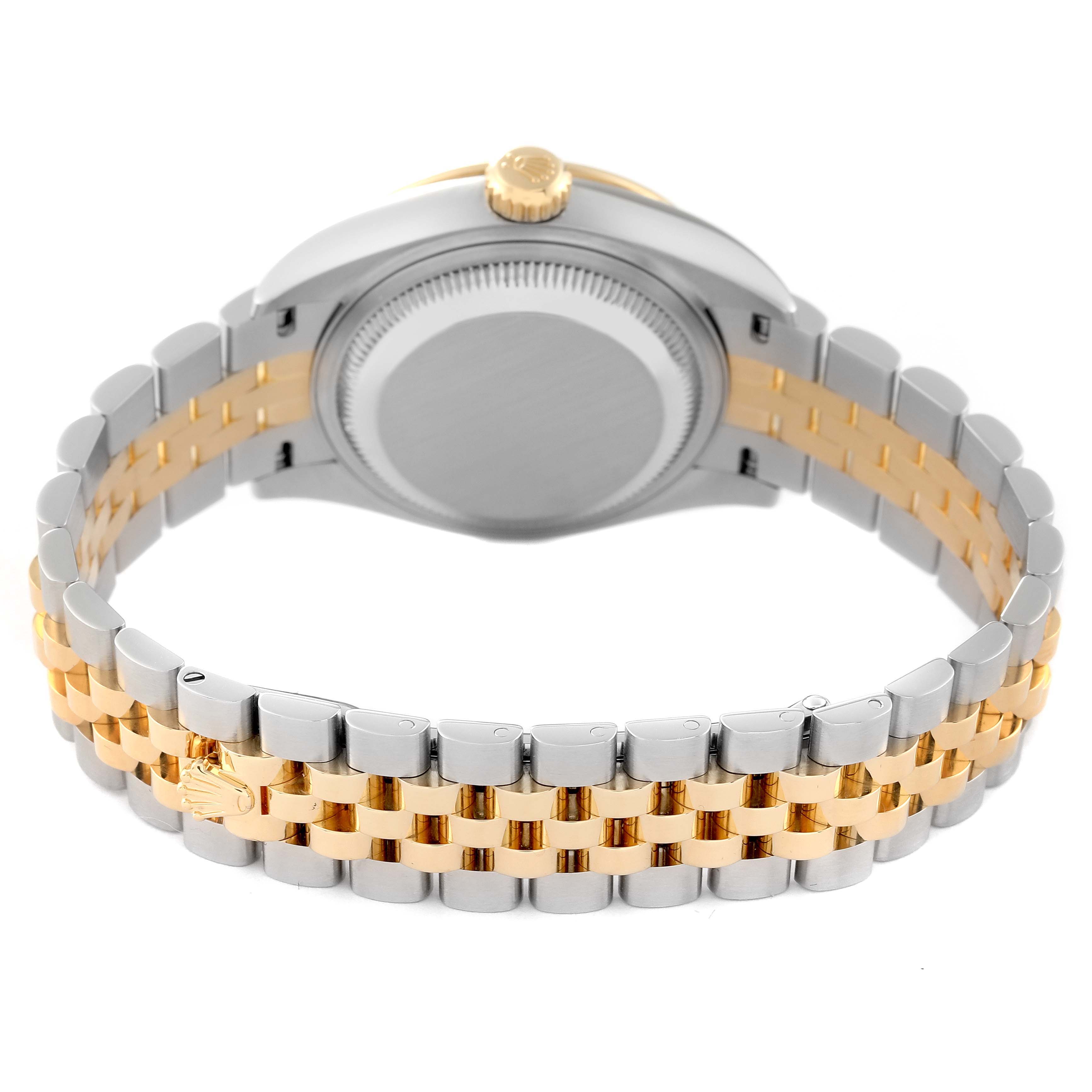 The image shows the case back and two-tone jubilee bracelet of a Rolex Datejust 279383 Women's Steel and Gold (two tone) Green Dial 279383 Women's Steel and Gold (two tone) Green Dial watch.