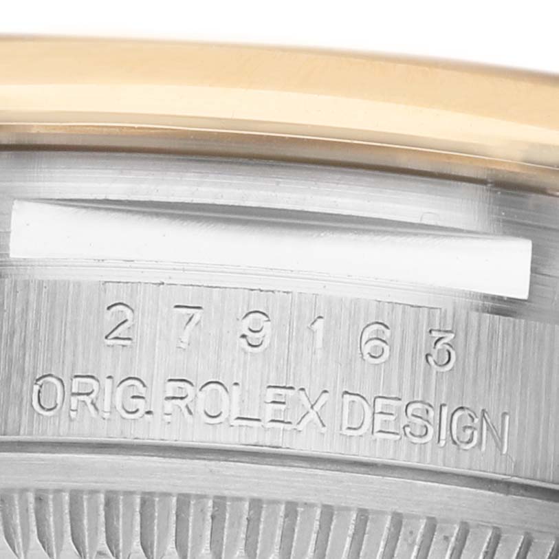 The image shows a close-up of the serial number and "ORIG ROLEX DESIGN" engraving on the side of the Rolex Datejust 279173 Women's Stainless Steel Champagne Dial.