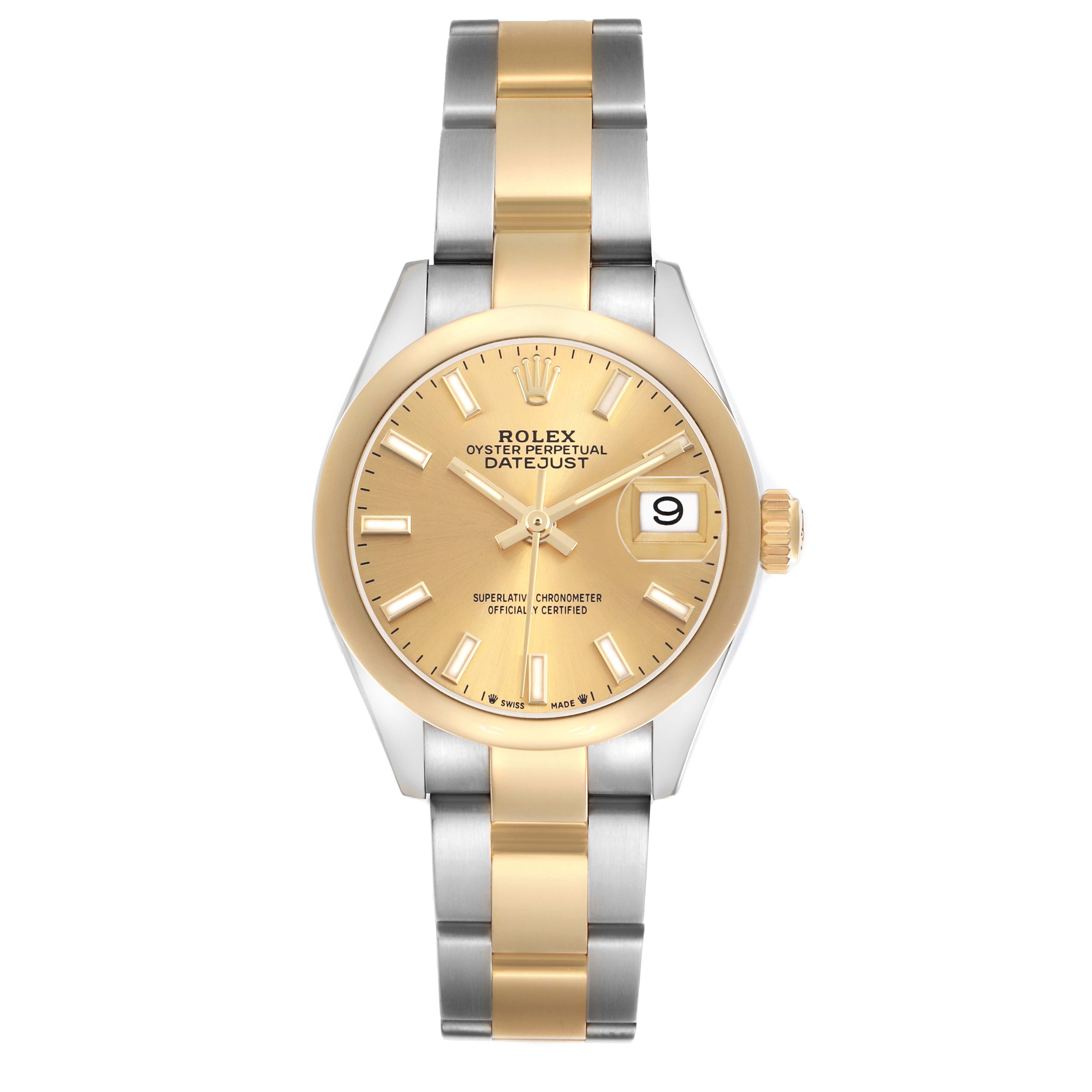The Rolex Datejust 279173 Women's Stainless Steel Champagne Dial watch is shown from a top-down angle, highlighting the dial, bracelet, and case.