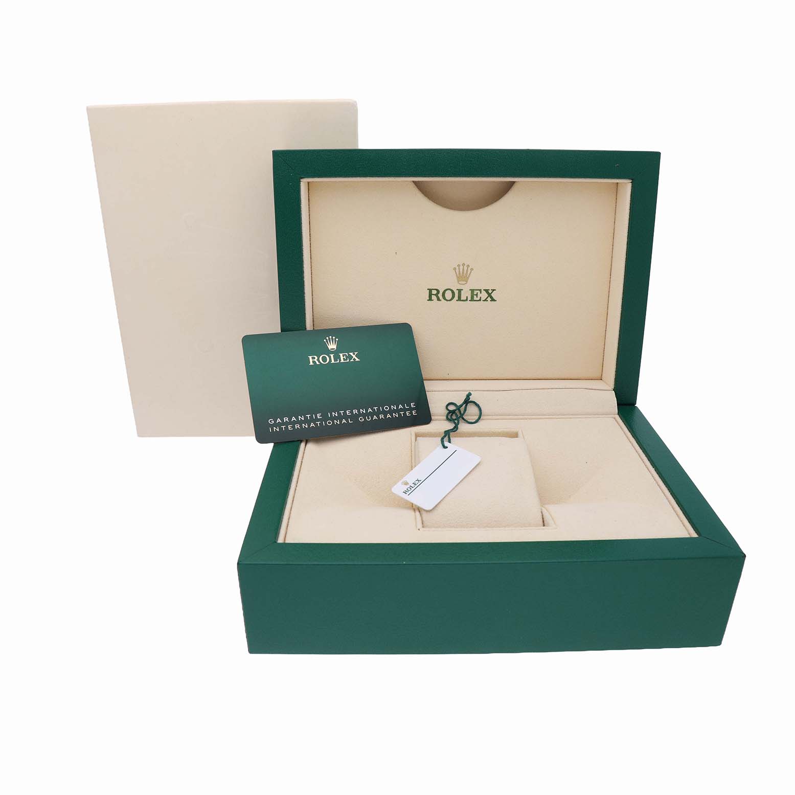 The image shows an open Rolex Datejust 279173 Women's Stainless Steel Champagne Dial watch box at a slight angle, with a warranty card and tag displayed inside.