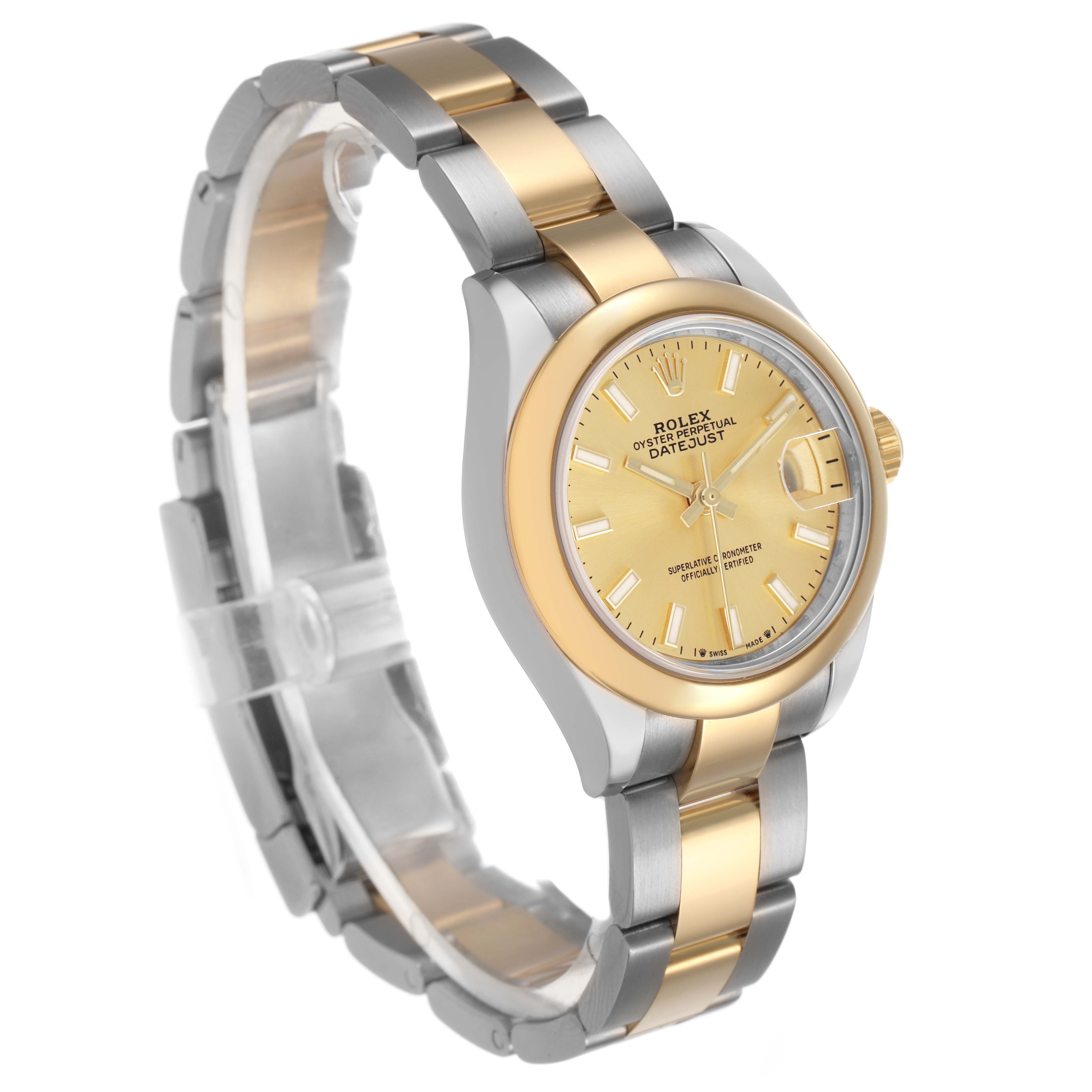 The Rolex Datejust 279173 Women's Stainless Steel Champagne Dial watch is shown at a three-quarter angle, displaying the face, bezel, and bracelet clearly.