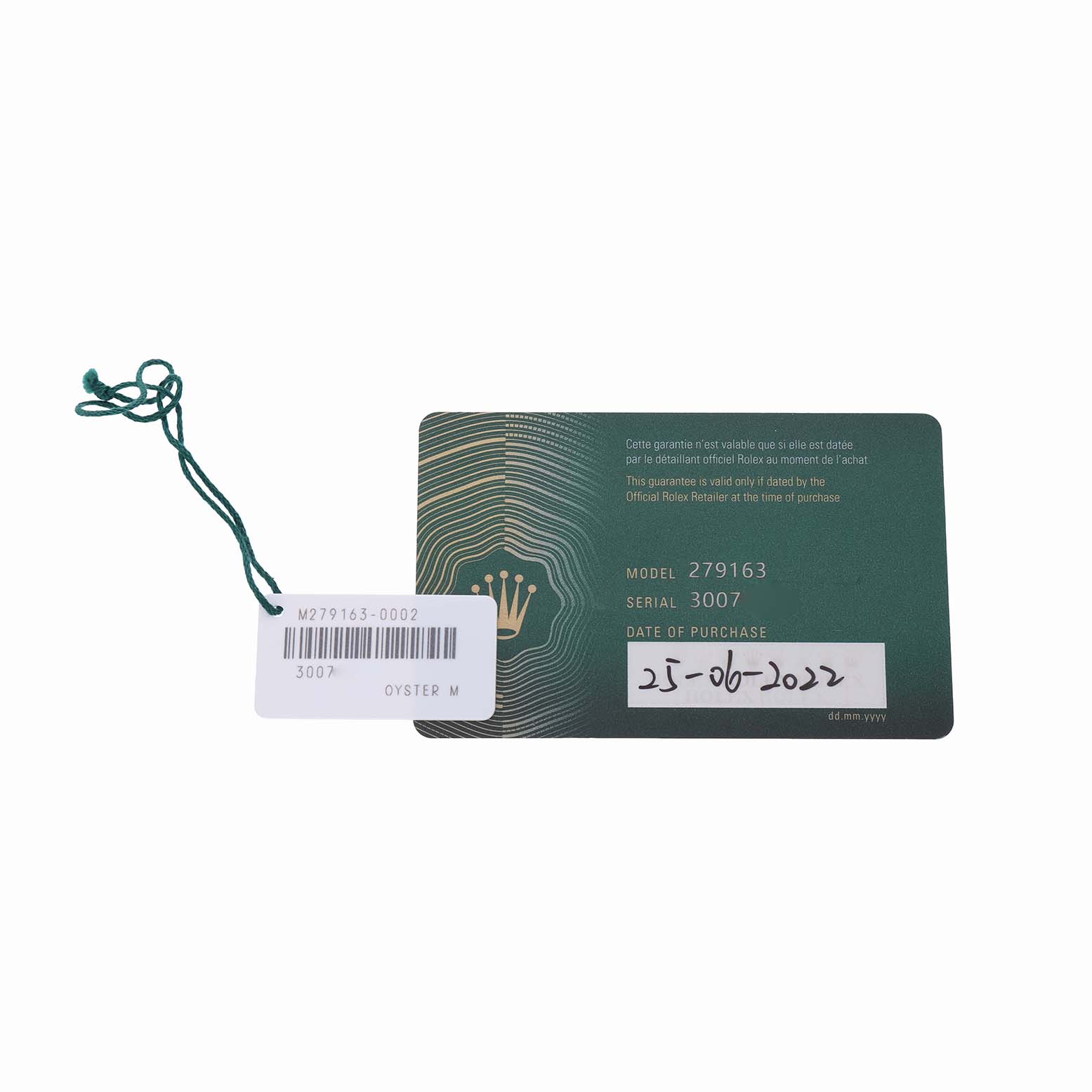 The image shows a Rolex Datejust 279173 Women's Stainless Steel Champagne Dial model warranty card and tag from a top-down angle.