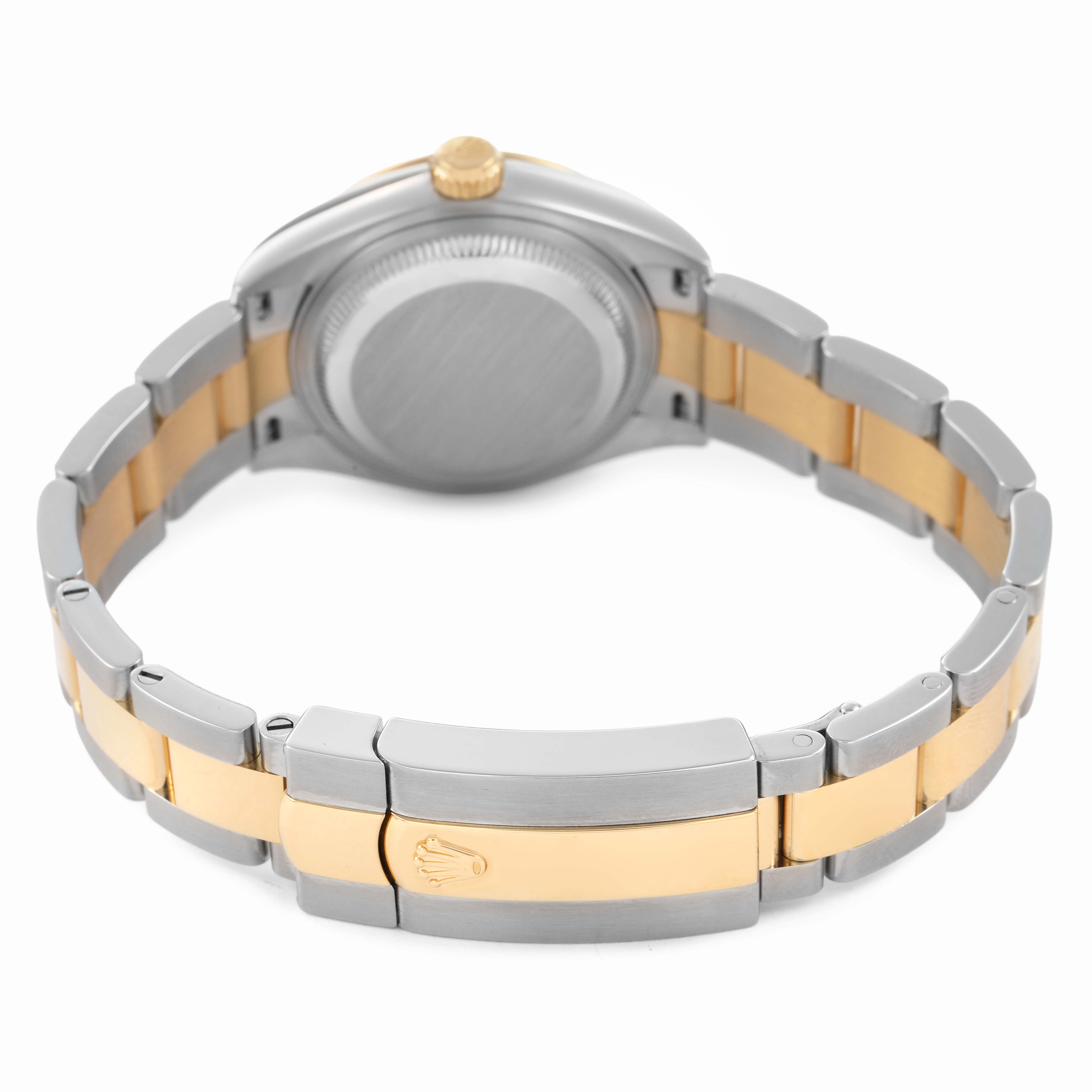 The image shows the Rolex Datejust 279173 Women's Stainless Steel Champagne Dial from the back, highlighting the bracelet, clasp, case back, and crown.