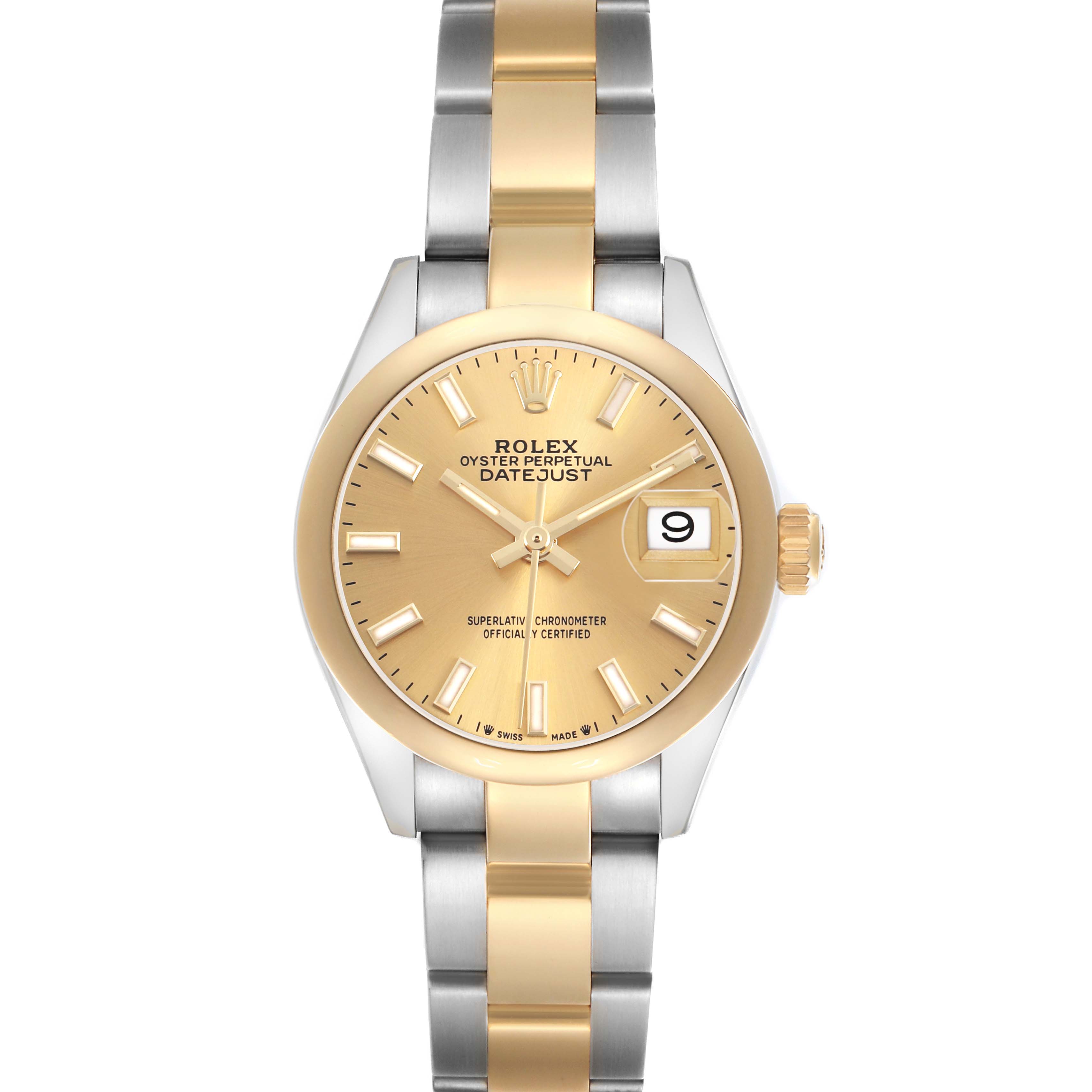 The image shows a Rolex Datejust 279173 Women's Stainless Steel Champagne Dial watch from a top-down angle, highlighting the dial, bezel, crown, and two-tone bracelet.