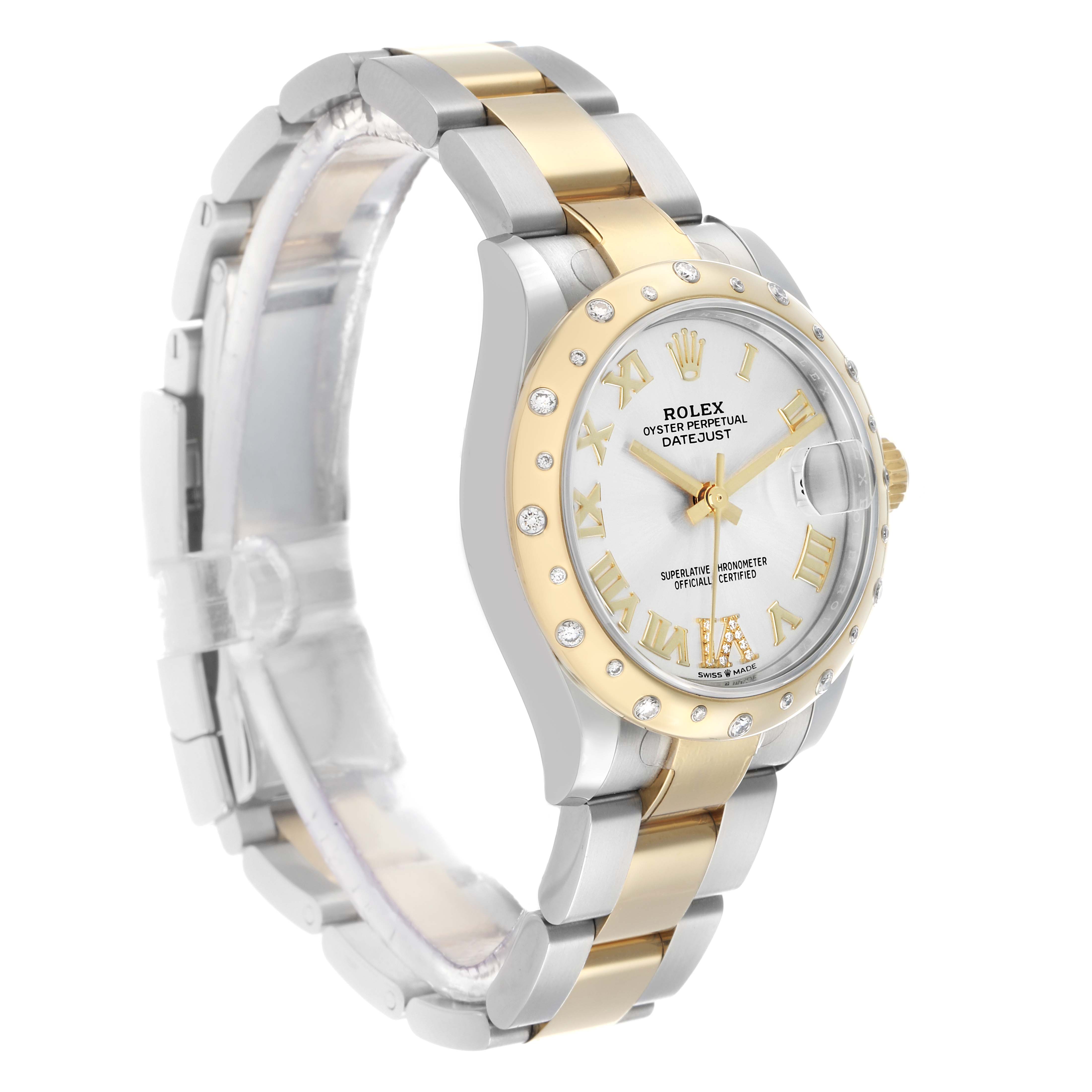 The Rolex Datejust 278343 Women's Steel and Gold (two tone) Silver Dial watch is shown at a slight angle, displaying the bracelet, bezel, and dial clearly.
