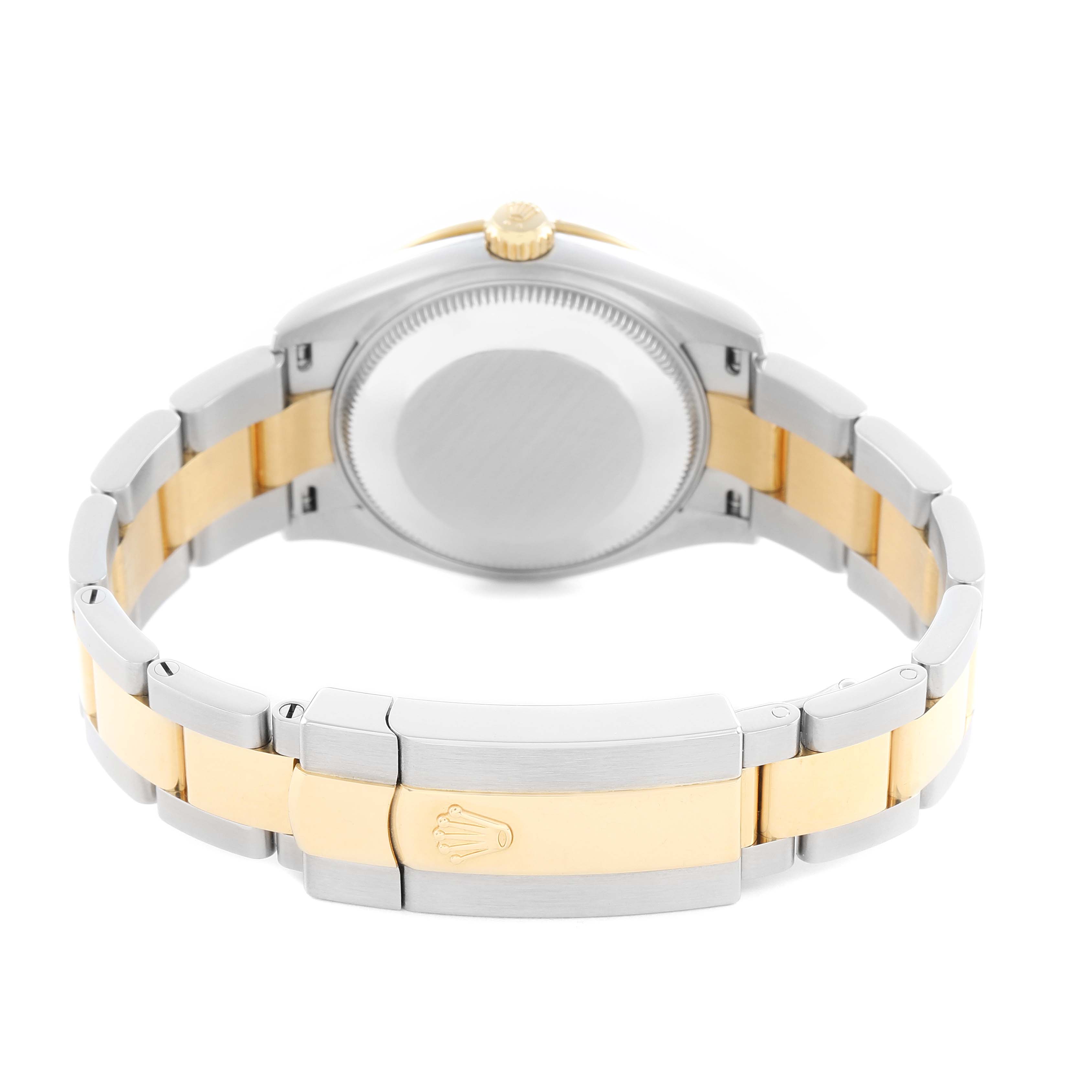 The image shows the back and bracelet of a Rolex Datejust 278343 Women's Steel and Gold (two tone) Silver Dial, highlighting the clasp and gold accents.