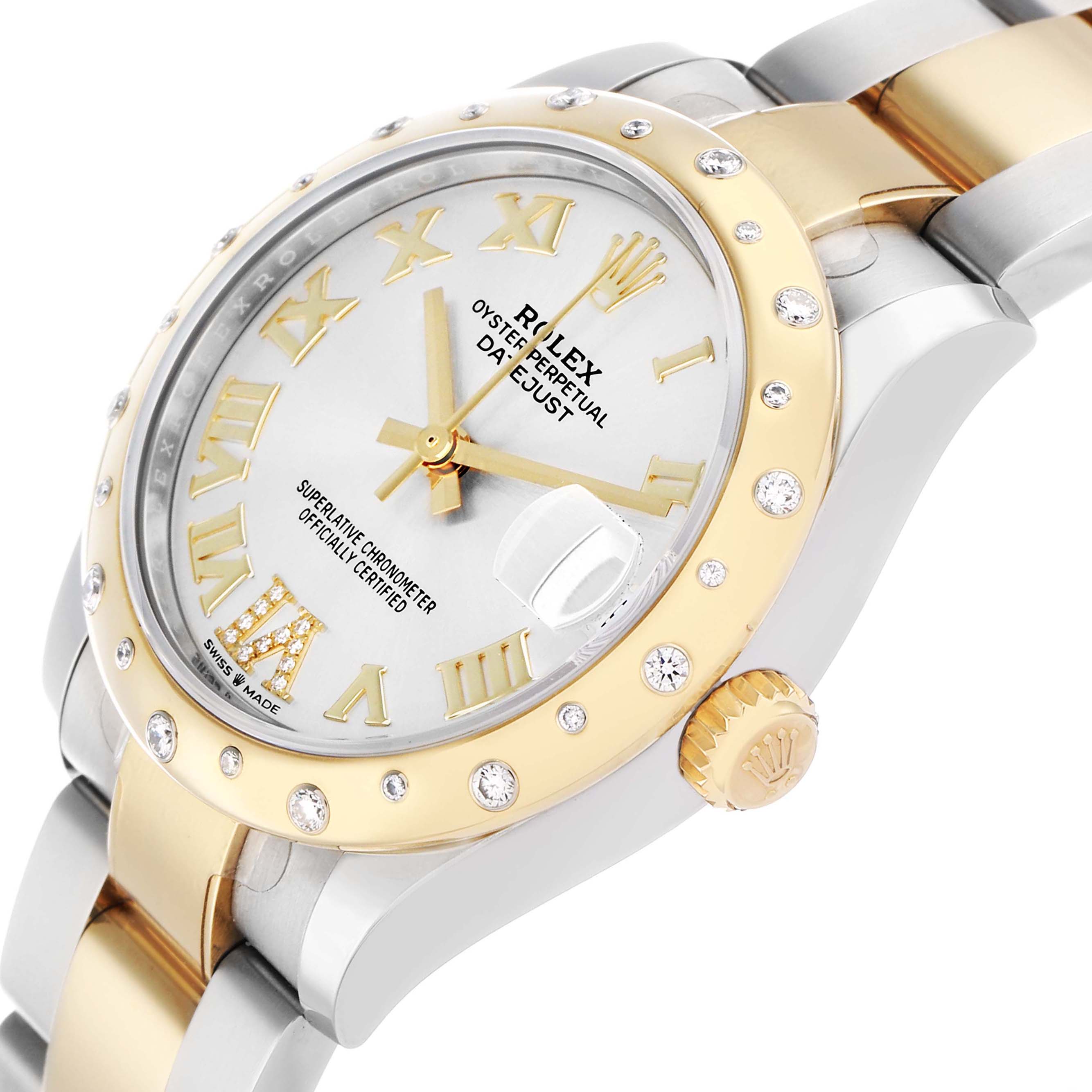 The Rolex Datejust 278343 Women's Steel and Gold (two tone) Silver Dial watch is shown at an angled side view, highlighting the bezel, crown, and part of the bracelet.