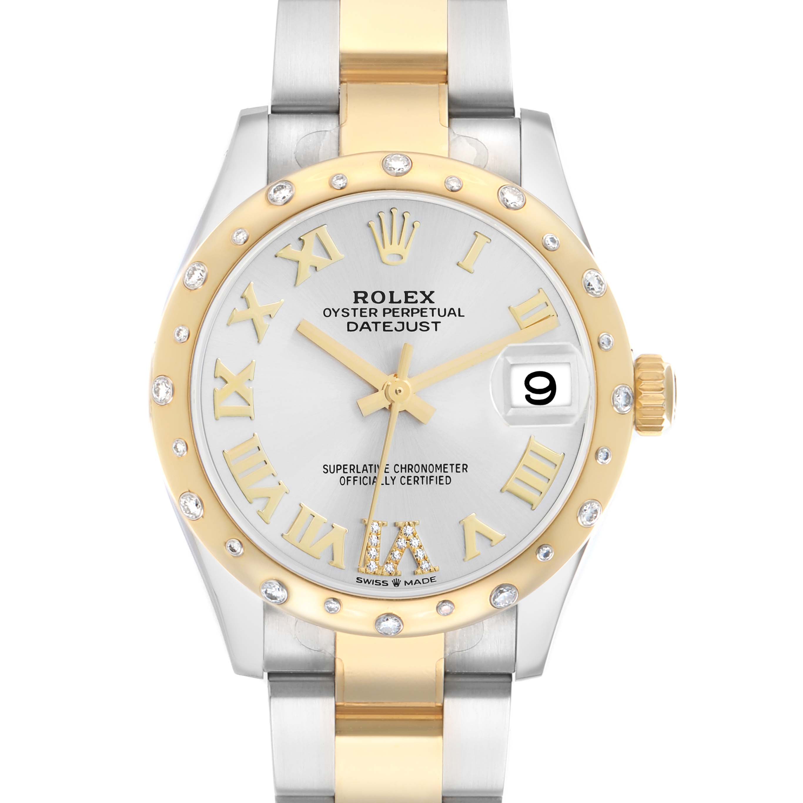 The Rolex Datejust 278343 Women's Steel and Gold (two tone) Silver Dial watch is shown from a front angle, displaying the dial, bezel, and part of the bracelet.