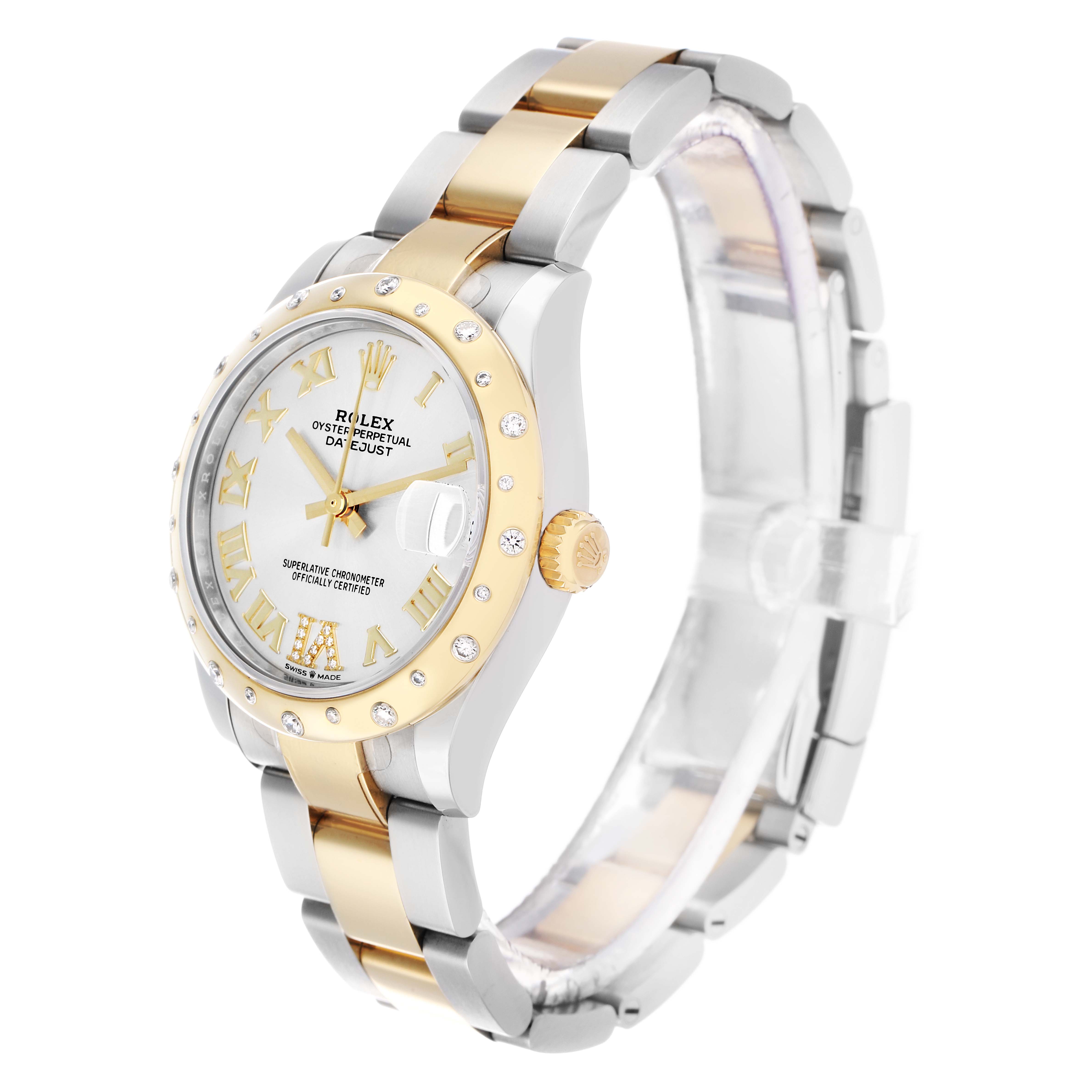The Rolex Datejust 278343 Women's Steel and Gold (two tone) Silver Dial watch is shown at an angle highlighting the face, bezel, and part of the bracelet.