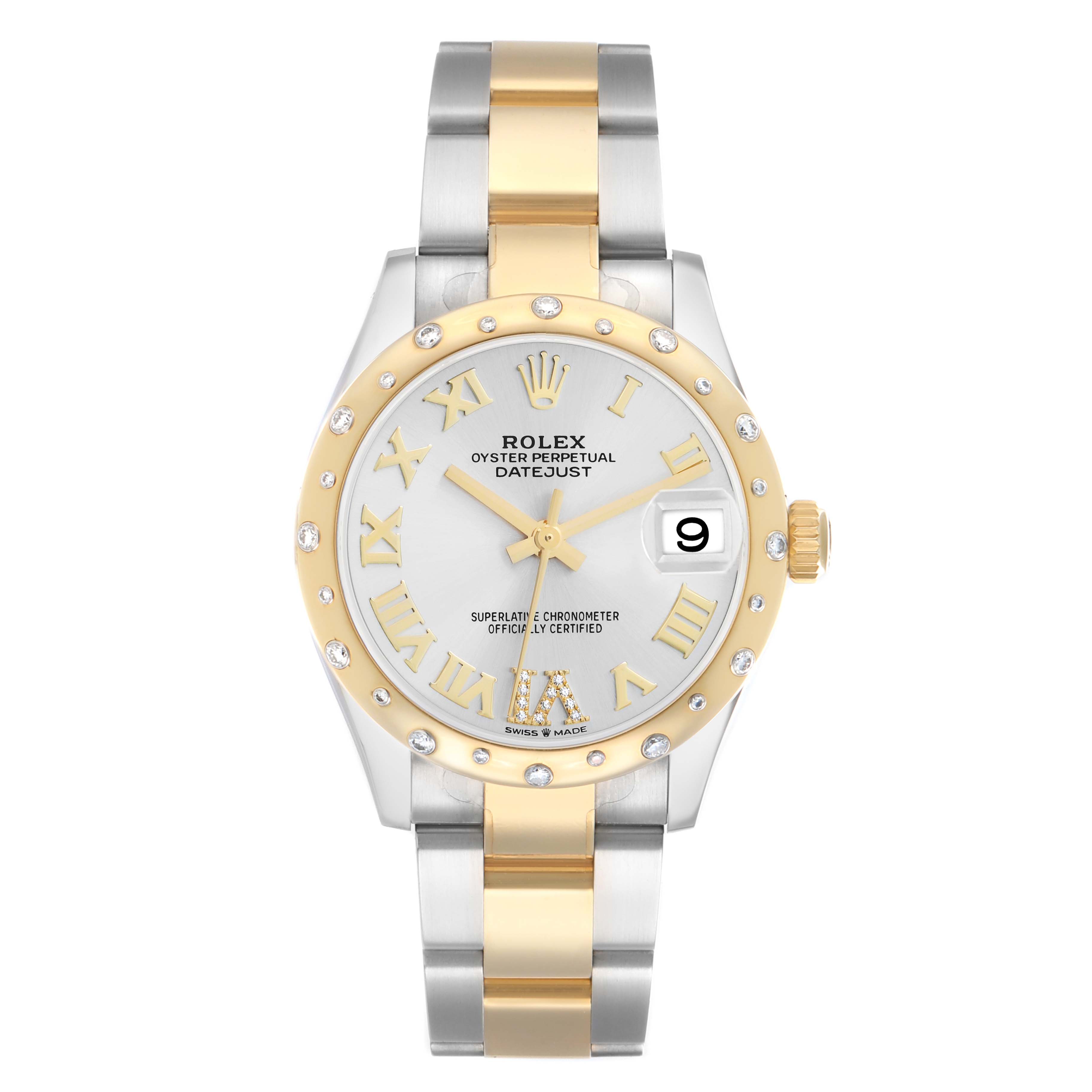 The Rolex Datejust 278343 Women's Steel and Gold (two tone) Silver Dial watch is shown from a top-down angle, highlighting the dial, bezel, bracelet, and crown.