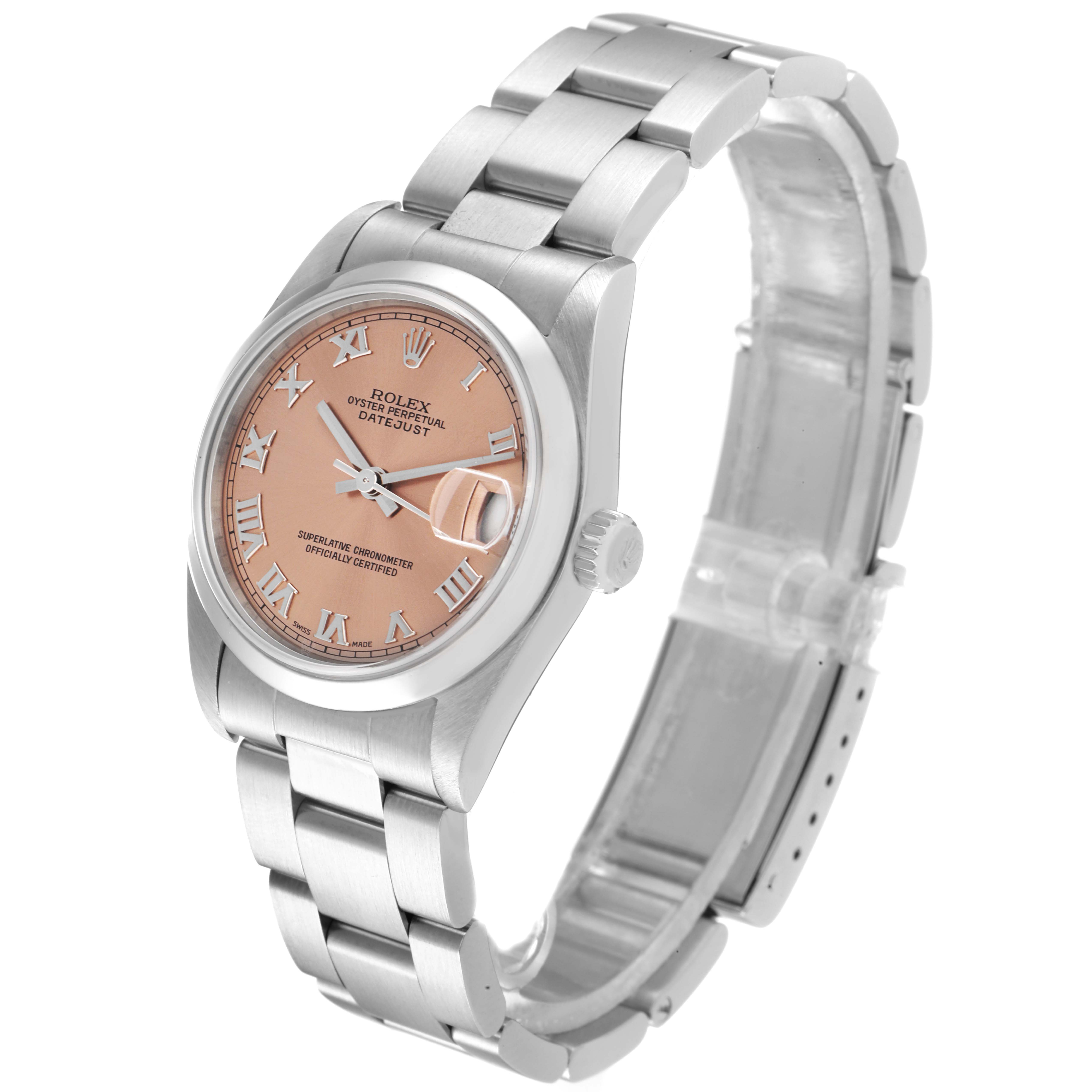 The image shows a Rolex Mid-Size 78240 Women
s Stainless Steel Pink Dial 78240 Women
s Stainless Steel Pink Dial Oyster Perpetual Datejust watch at a three-quarter angle, highlighting the dial, case, crown, and bracelet.