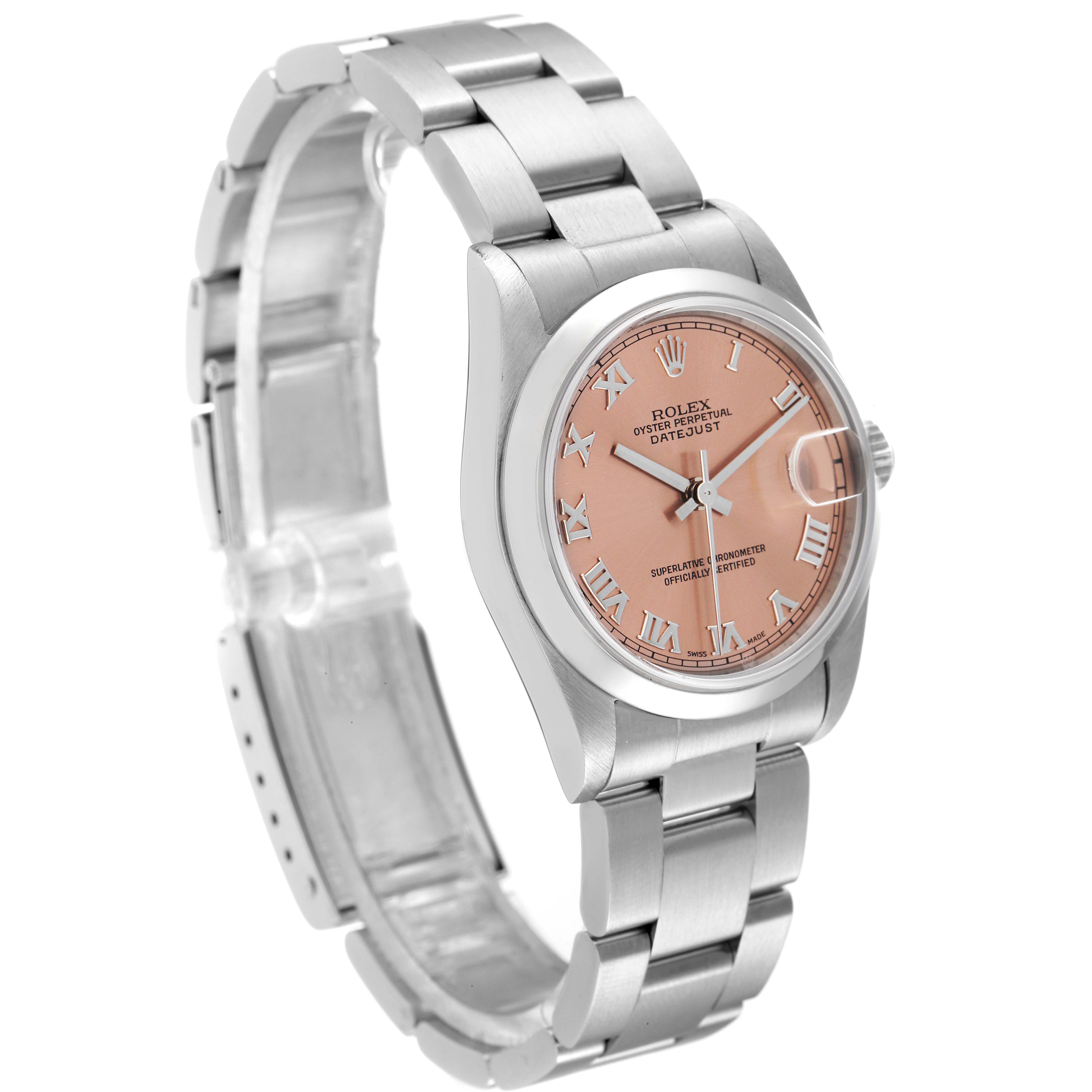 The image shows a Rolex Mid-Size 78240 Women
s Stainless Steel Pink Dial 78240 Women
s Stainless Steel Pink Dial Datejust watch at a three-quarter angle, featuring its bracelet and pink dial with Roman numerals.