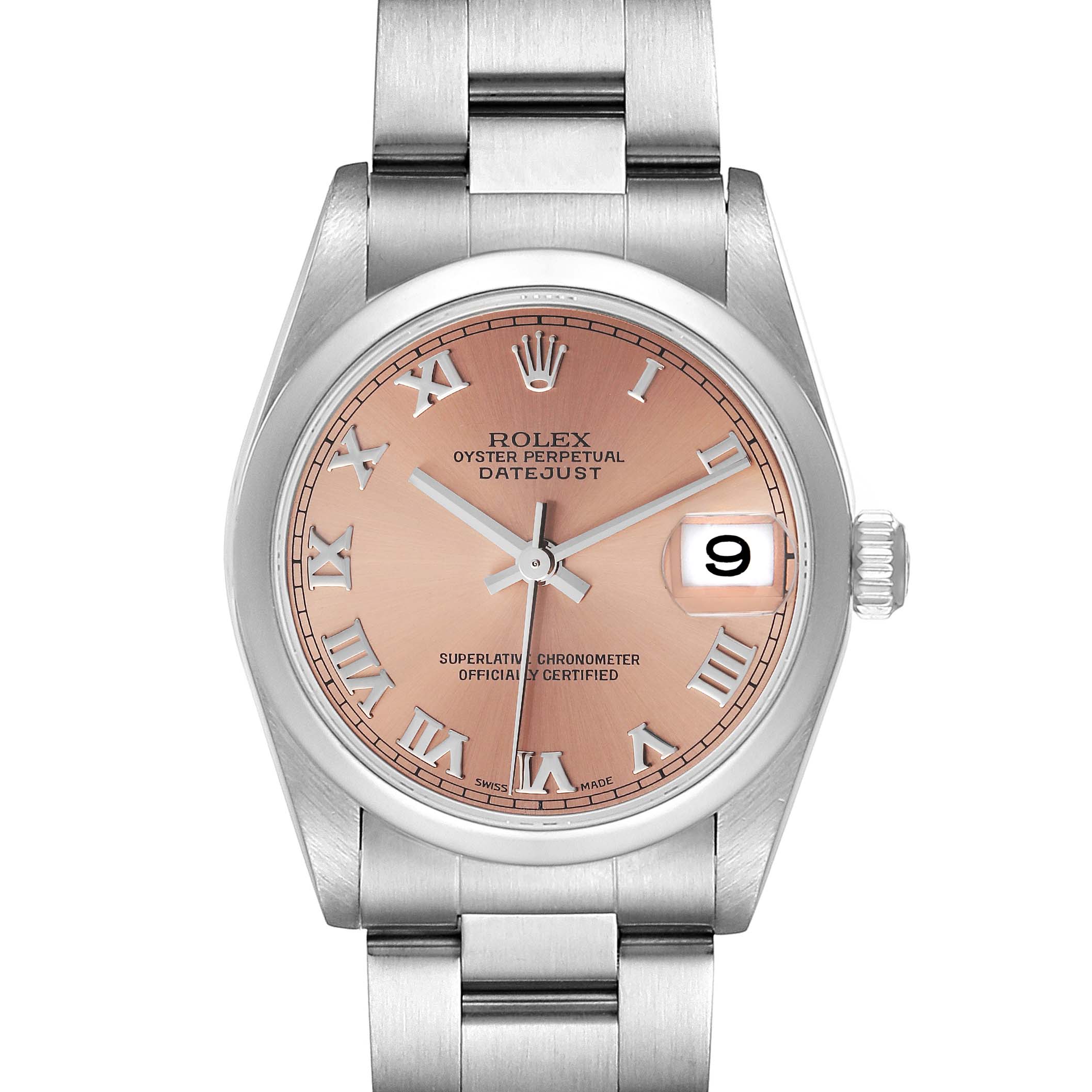 This image shows a front view of a Mid-Size Rolex Oyster Perpetual Datejust watch with a pink dial and metal bracelet.
