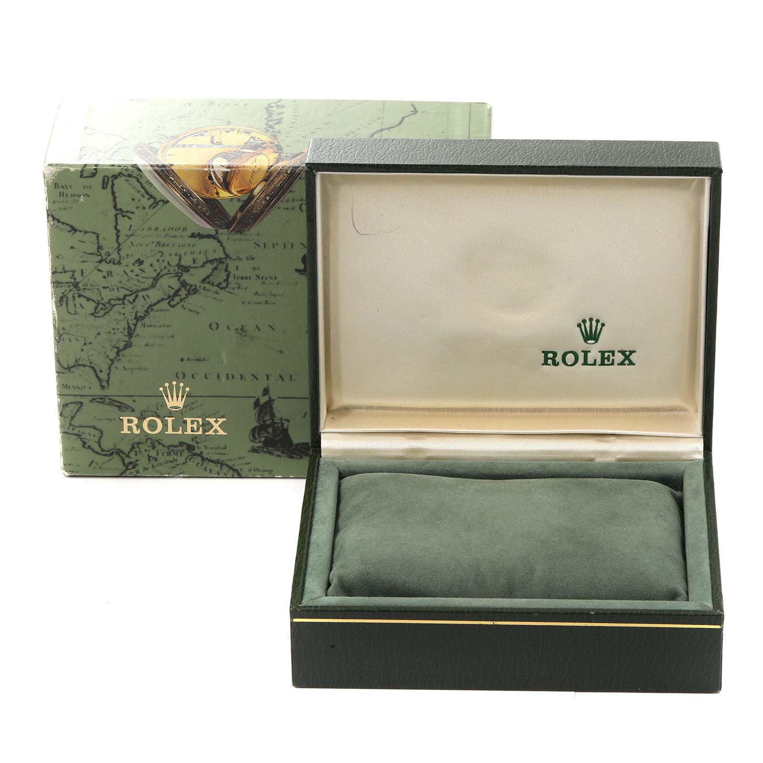 The image shows an open Rolex Mid-Size 78240 Women
s Stainless Steel Pink Dial 78240 Women
s Stainless Steel Pink Dial watch box with a cushion inside and a map-themed outer box behind it.