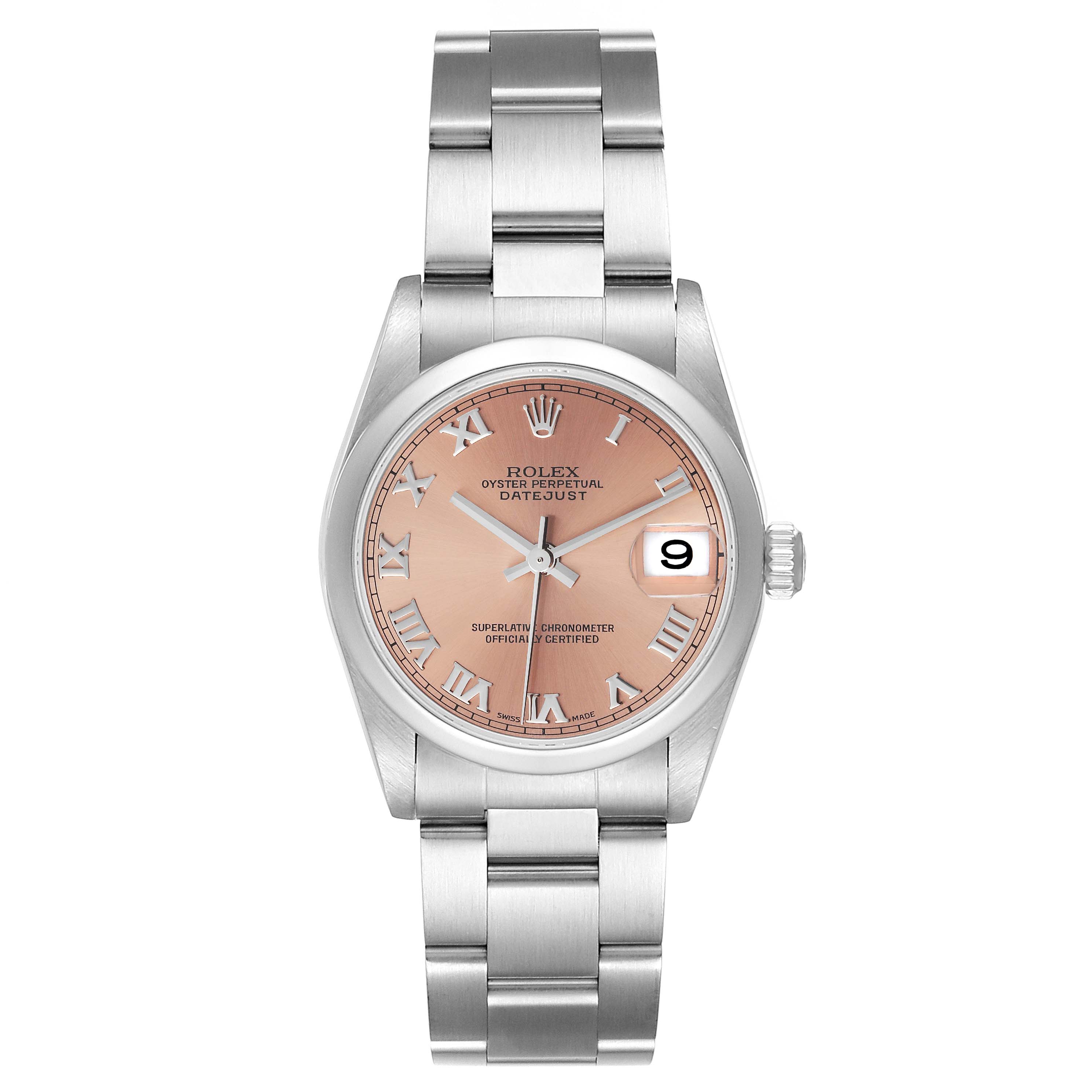 The Mid-Size Rolex Datejust watch is shown from a top-down angle, displaying the full face, bracelet, and clasp.