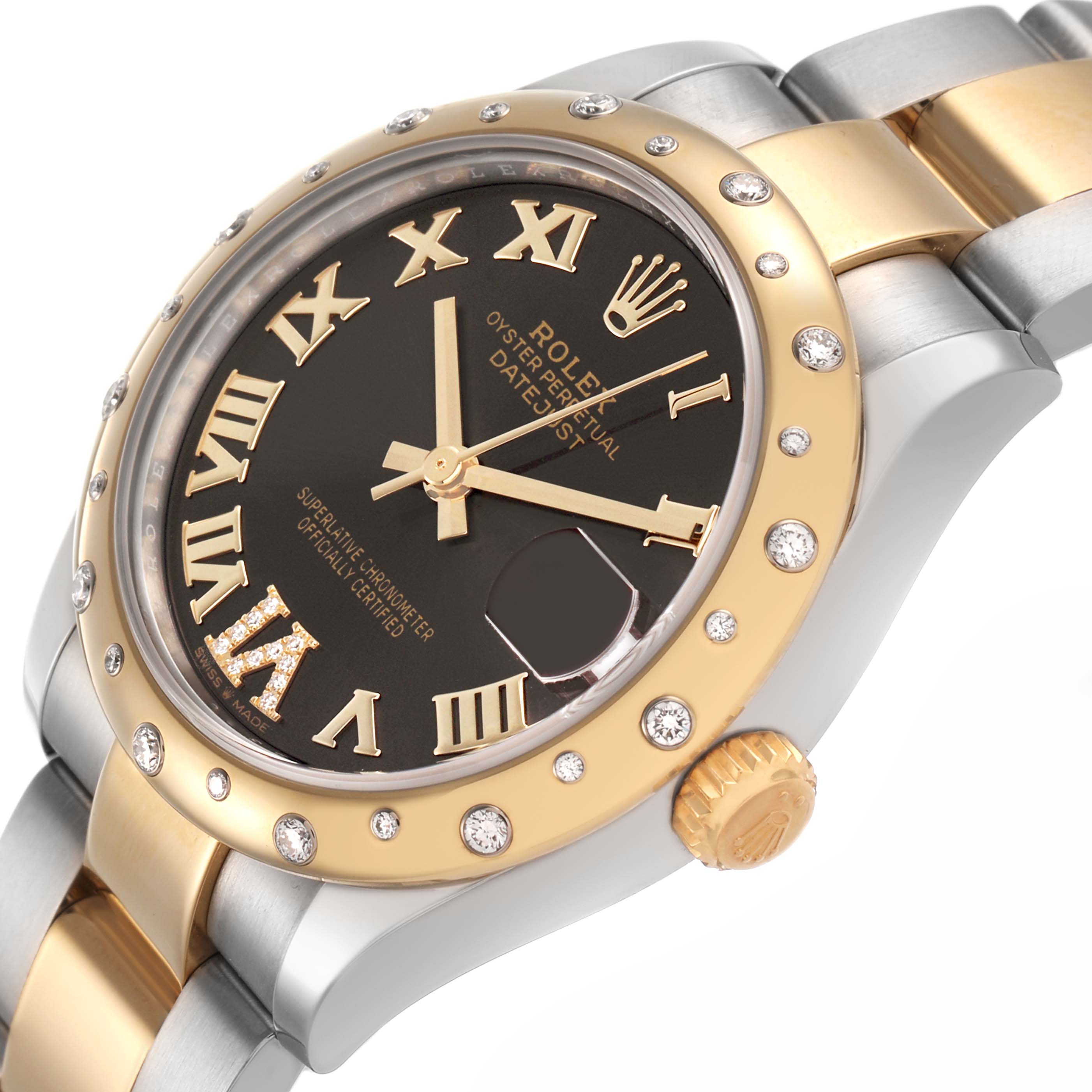 The Rolex Datejust 278343 Women's Steel and Gold (two tone) Grey Dial watch is shown at an angled view, highlighting the bezel, crown, and part of the bracelet.