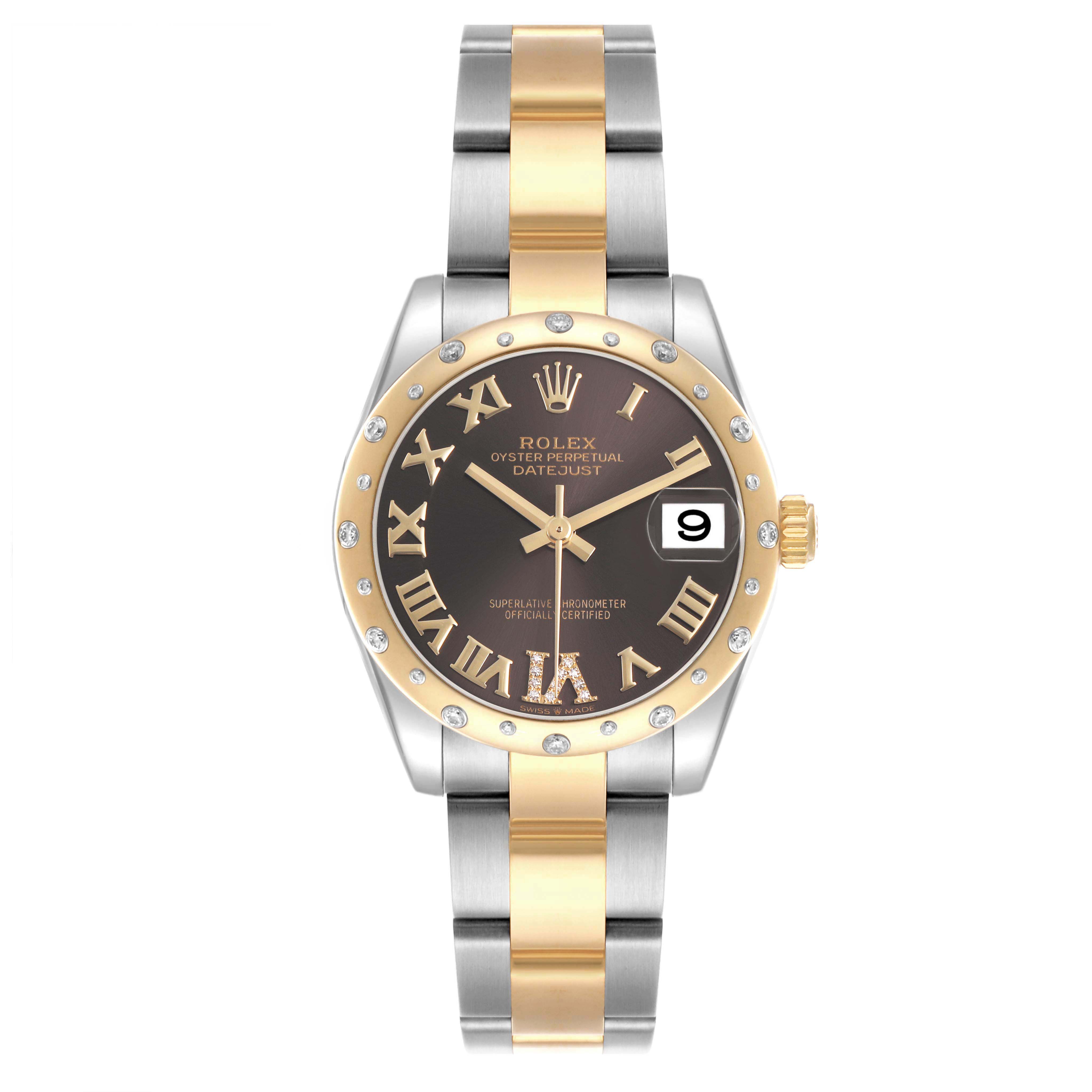 The Rolex Datejust 278343 Women's Steel and Gold (two tone) Grey Dial watch is shown from a top-down angle, featuring the dial, bezel, bracelet, and crown.