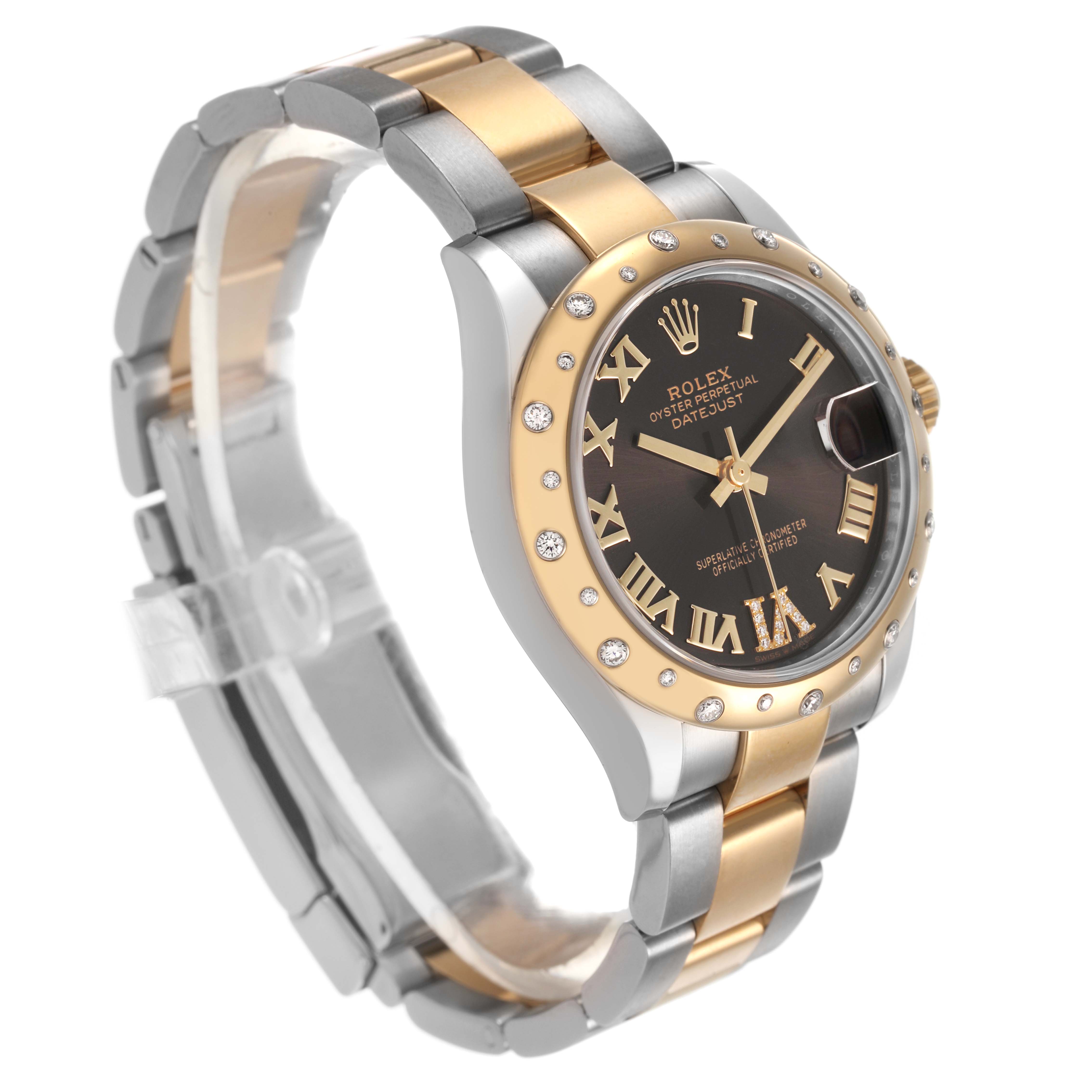 The Rolex Datejust 278343 Women's Steel and Gold (two tone) Grey Dial is shown at a three-quarter angle highlighting its two-tone metal bracelet and diamond-encrusted bezel.