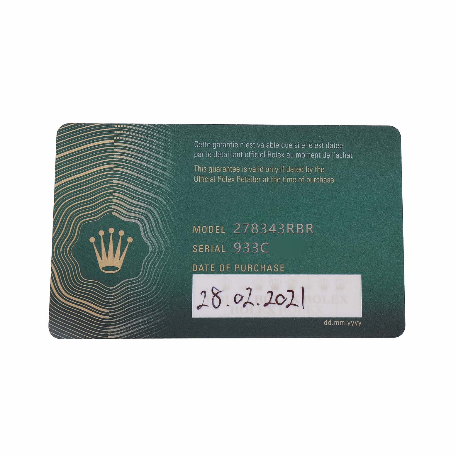 The image shows a Rolex Datejust 278343 Women's Steel and Gold (two tone) Grey Dial warranty card featuring the model, serial number, and date of purchase.