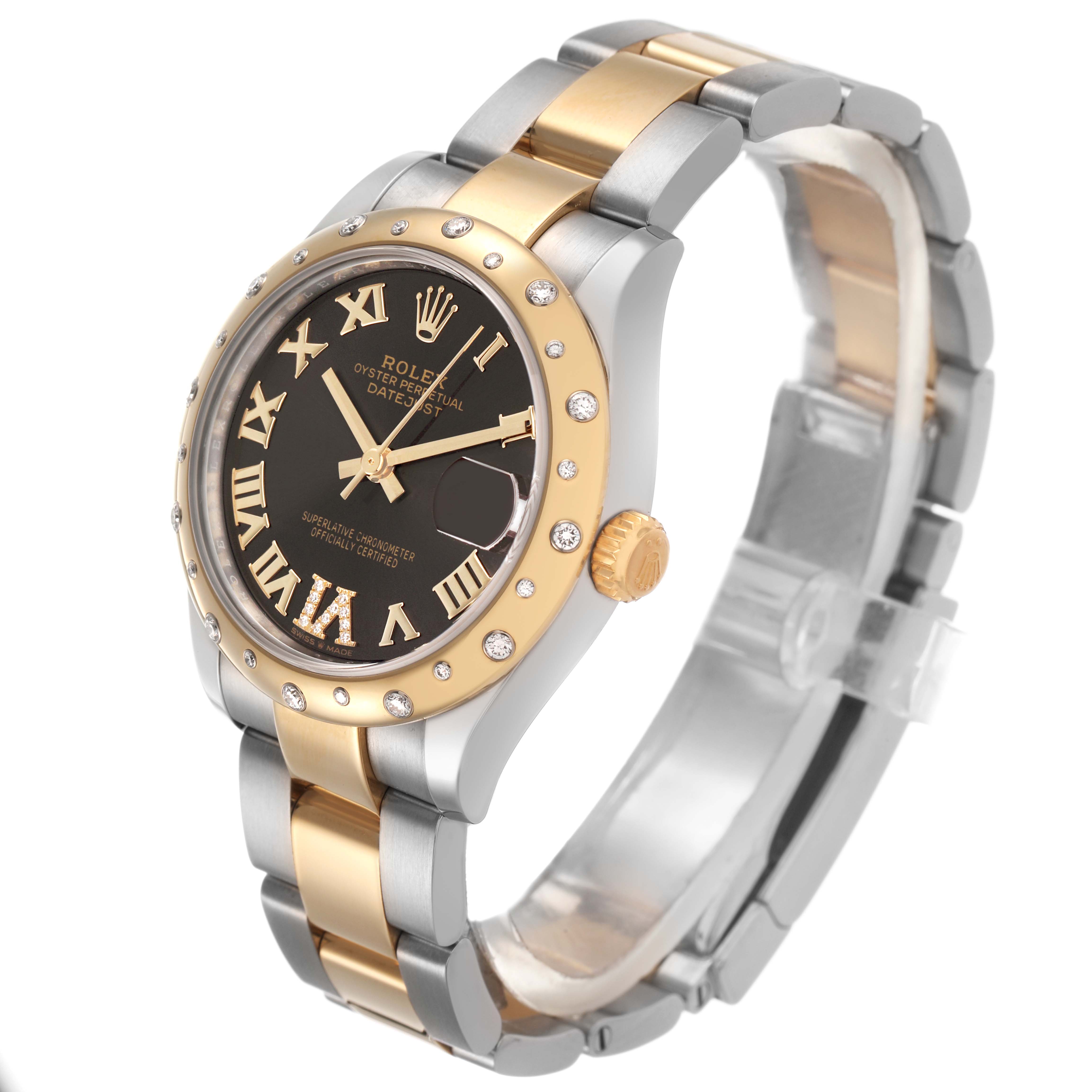 The Rolex Datejust 278343 Women's Steel and Gold (two tone) Grey Dial watch is shown at a three-quarter angle, highlighting the face, bezel, crown, and two-tone bracelet.