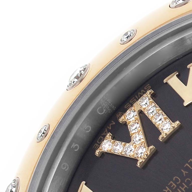 The image shows a partial view of a Rolex Datejust 278343 Women's Steel and Gold (two tone) Grey Dial watch, highlighting the diamond-studded bezel and Roman numeral dial.