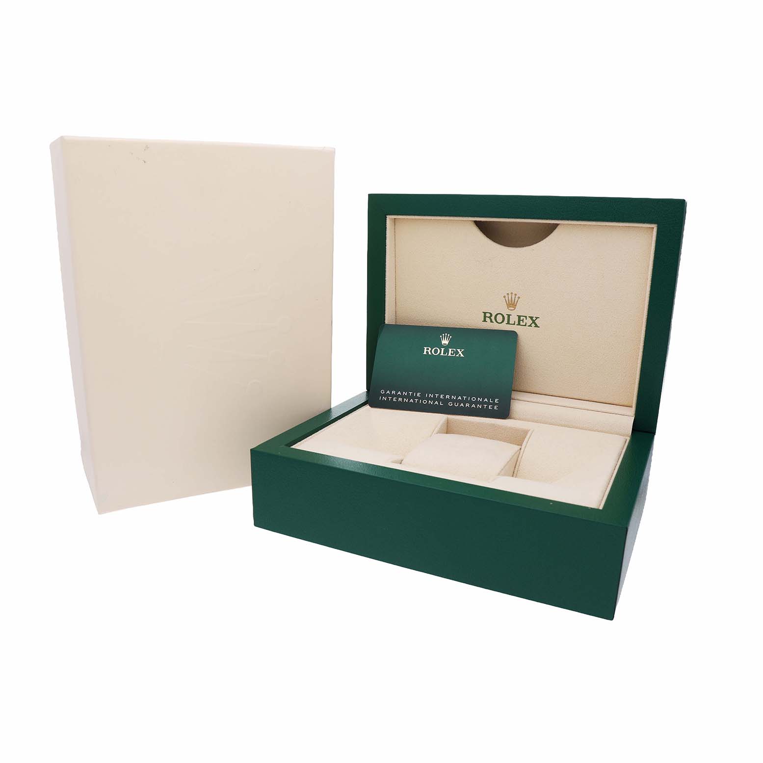 The image shows a Rolex Datejust 278343 Women's Steel and Gold (two tone) Grey Dial box at an angle, featuring its interior with a guarantee card and compartment for the watch.