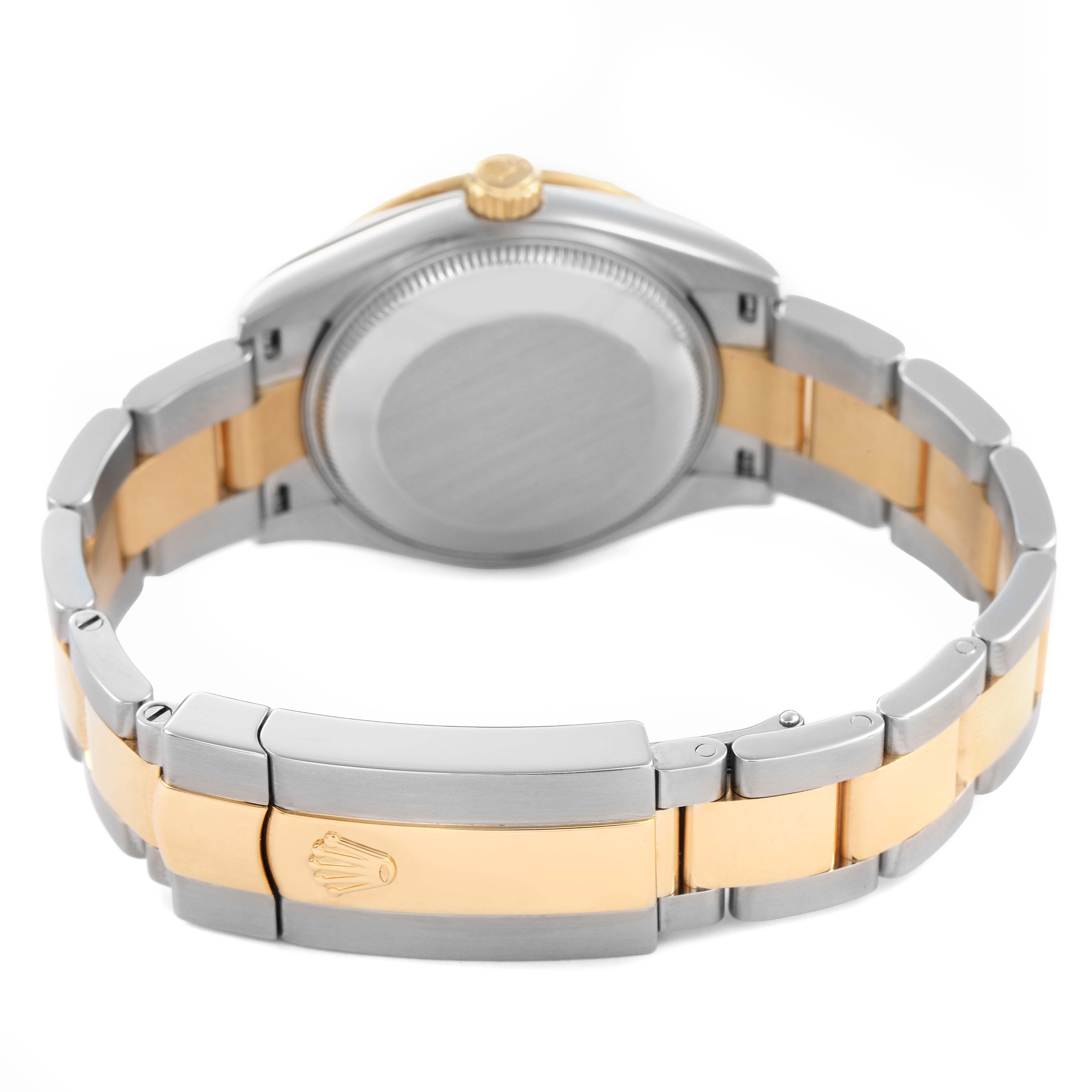The Rolex Datejust 278343 Women's Steel and Gold (two tone) Grey Dial watch is shown from the rear, featuring its two-tone bracelet and clasp with the Rolex logo.