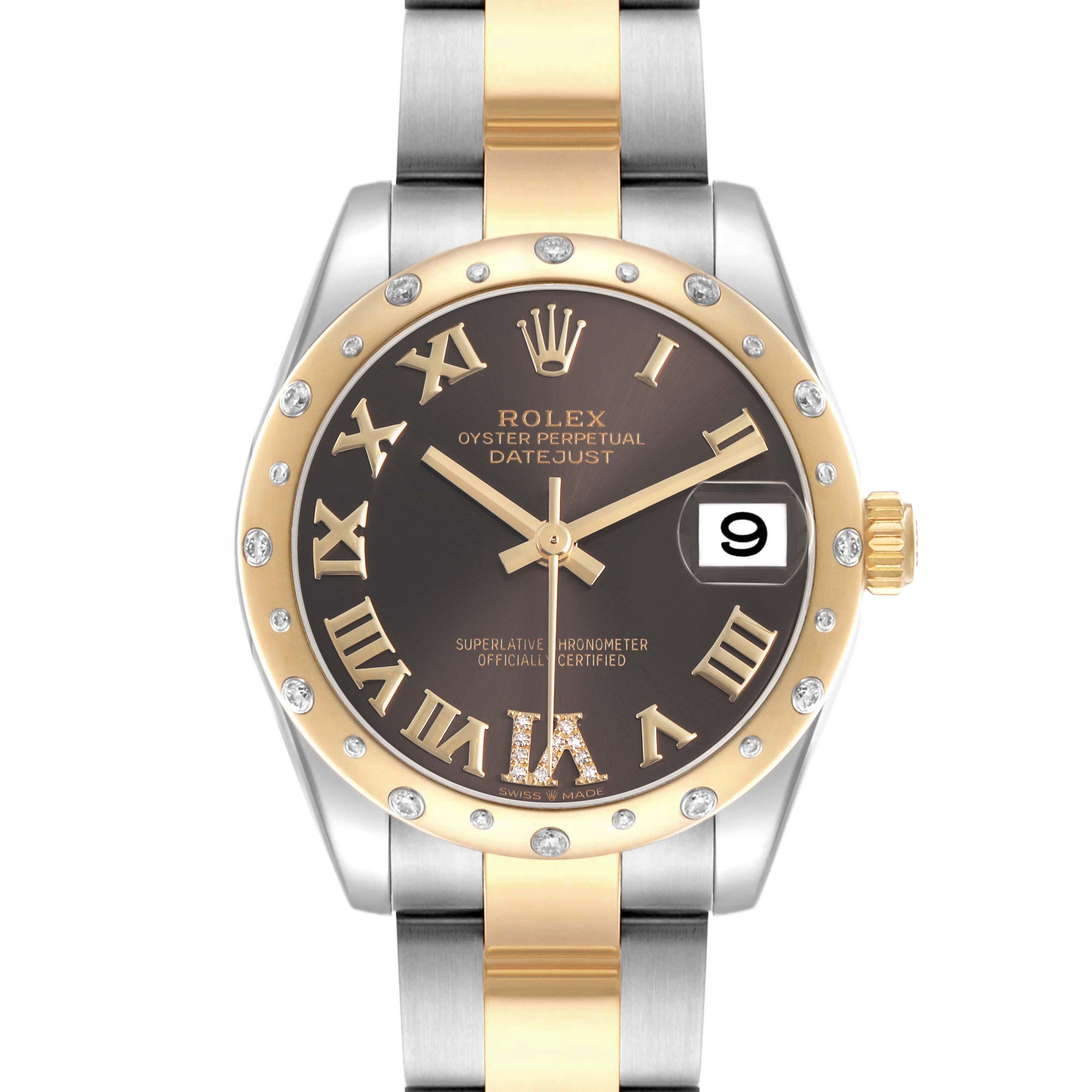 The Rolex Datejust 278343 Women's Steel and Gold (two tone) Grey Dial watch is shown from a front angle, displaying its bezel, dial, hands, and bracelet.