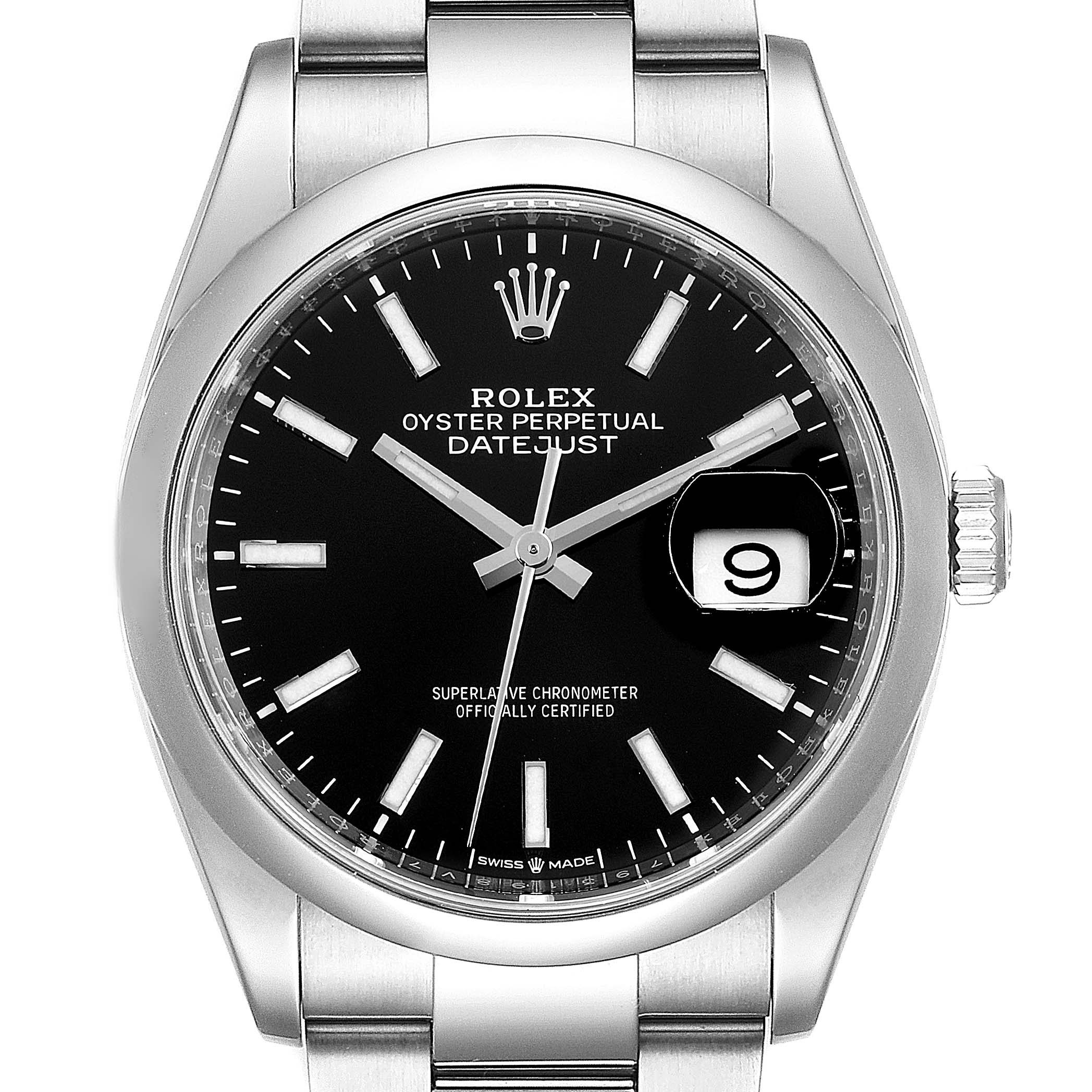 This image shows a front view of the Rolex Datejust 126200 Men's Stainless Steel Black Dial 126200 Men's Stainless Steel Black Dial watch, highlighting its black dial, bracelet, and date window at 3 o'clock.