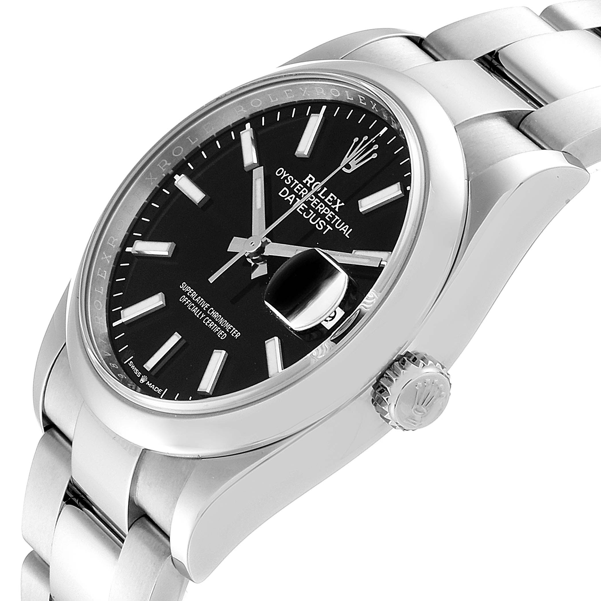 The image shows a side angle of a Rolex Datejust 126200 Men's Stainless Steel Black Dial 126200 Men's Stainless Steel Black Dial watch, highlighting its black dial, crown, and stainless steel bracelet.