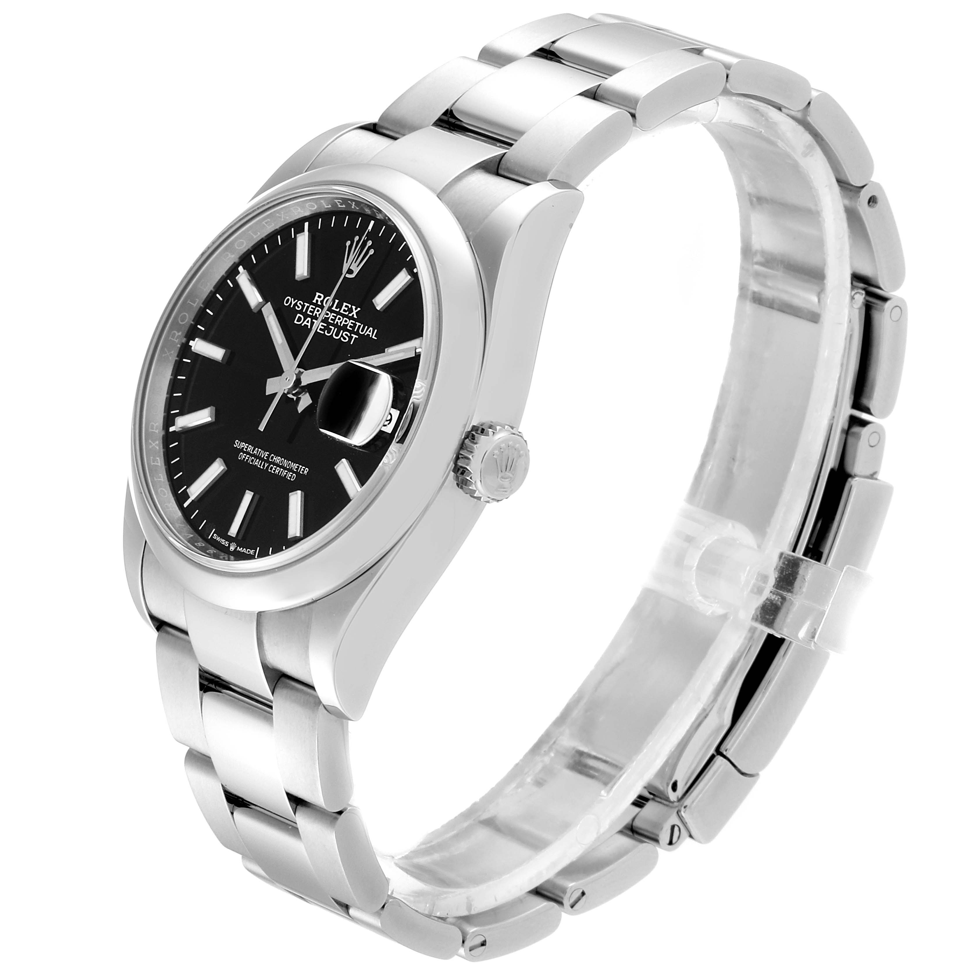 This image shows a Rolex Datejust 126200 Men's Stainless Steel Black Dial 126200 Men's Stainless Steel Black Dial watch at an angled side view displaying its face, bezel, crown, and bracelet.