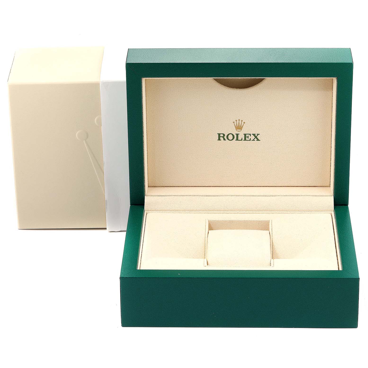 The image shows an open Rolex Datejust 126200 Men's Stainless Steel Black Dial 126200 Men's Stainless Steel Black Dial watch box with green exterior and beige interior, along with an outer cream-colored sleeve.