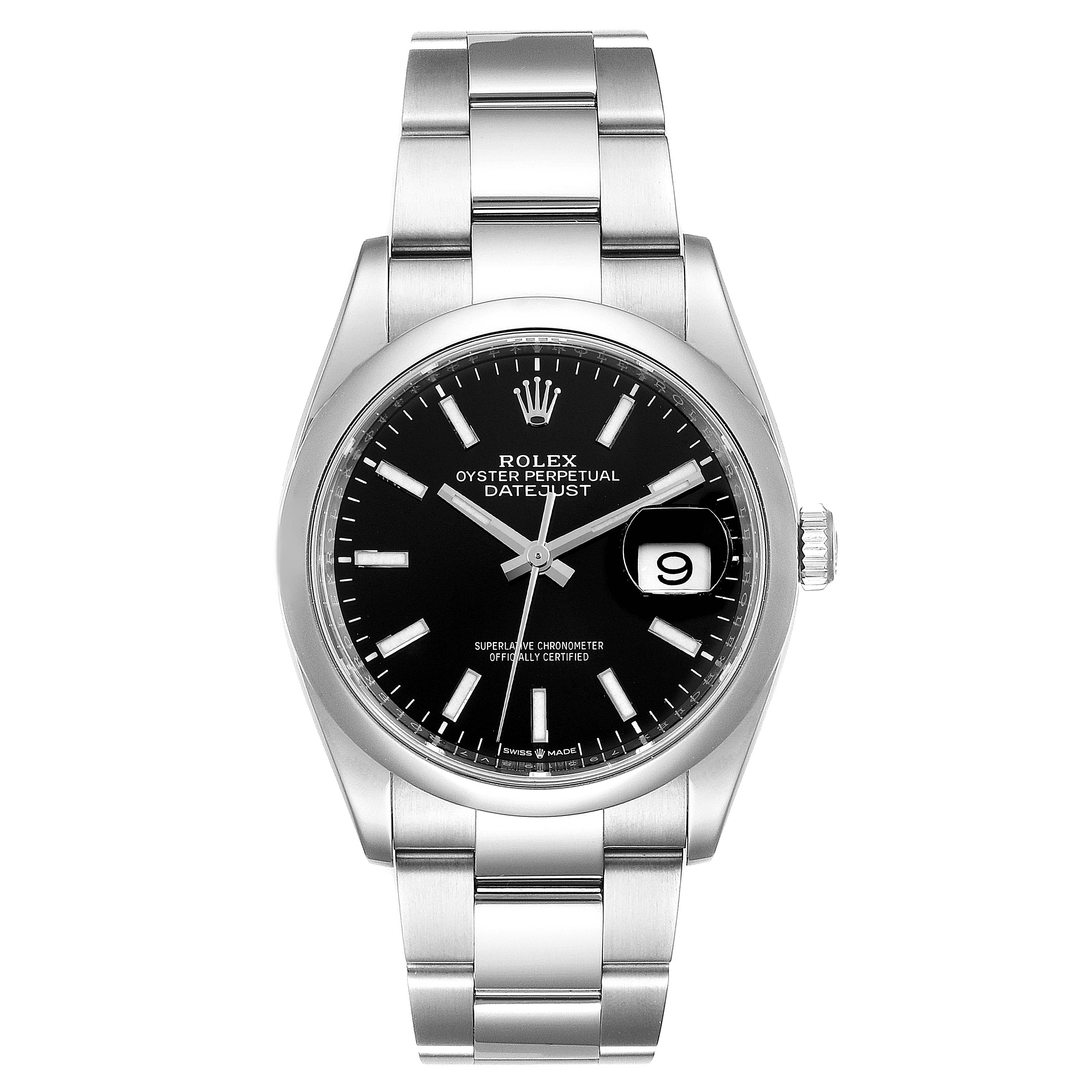 The Rolex Datejust 126200 Men's Stainless Steel Black Dial 126200 Men's Stainless Steel Black Dial watch is shown from the front, featuring its black dial, metal bracelet, and date window at 3 o'clock.