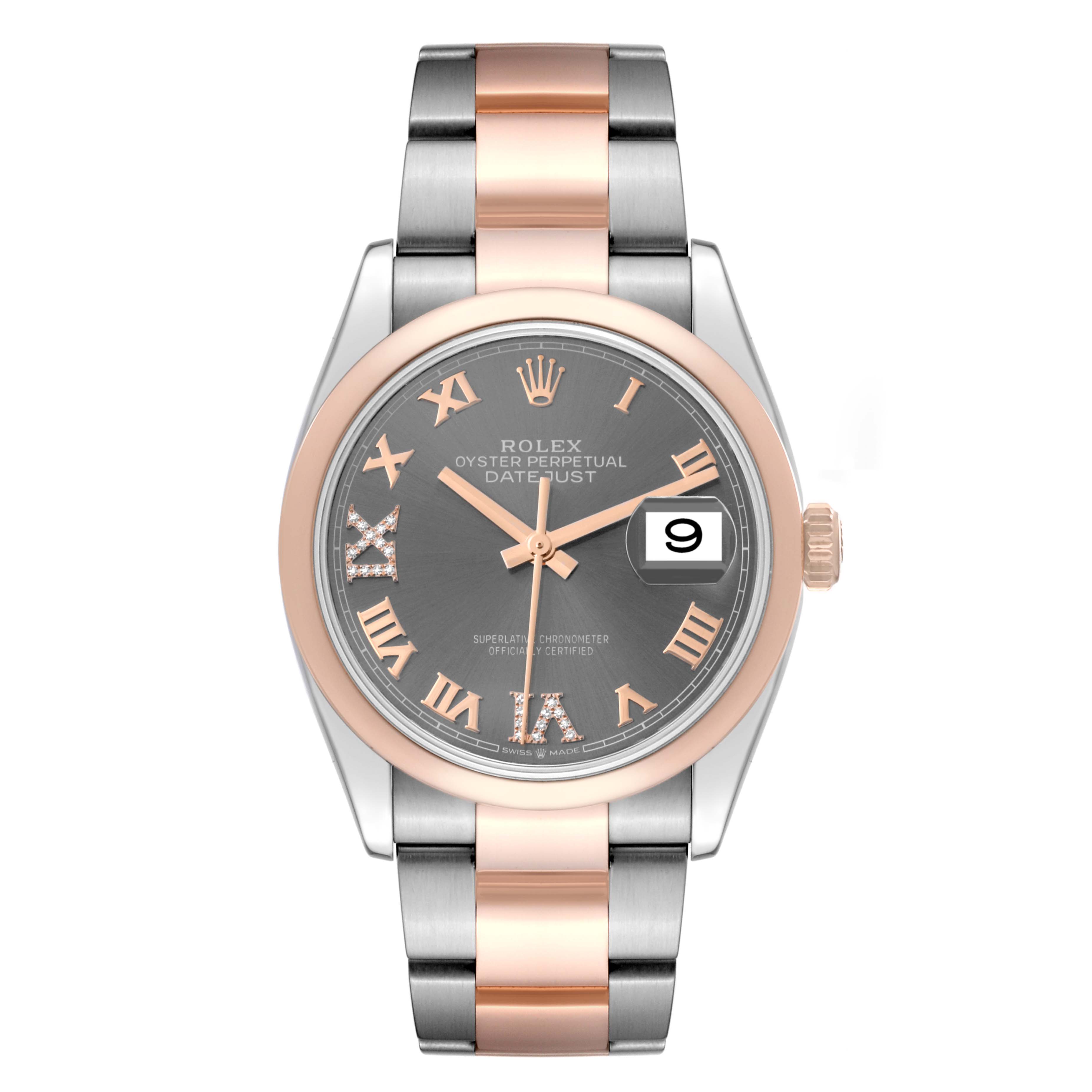 The image shows a front view of a Rolex Datejust 126201 Men's Steel and Gold (two tone) Grey Dial 126201 Men's Steel and Gold (two tone) Grey Dial watch with a two-tone metal band and a gray dial with Roman numerals.